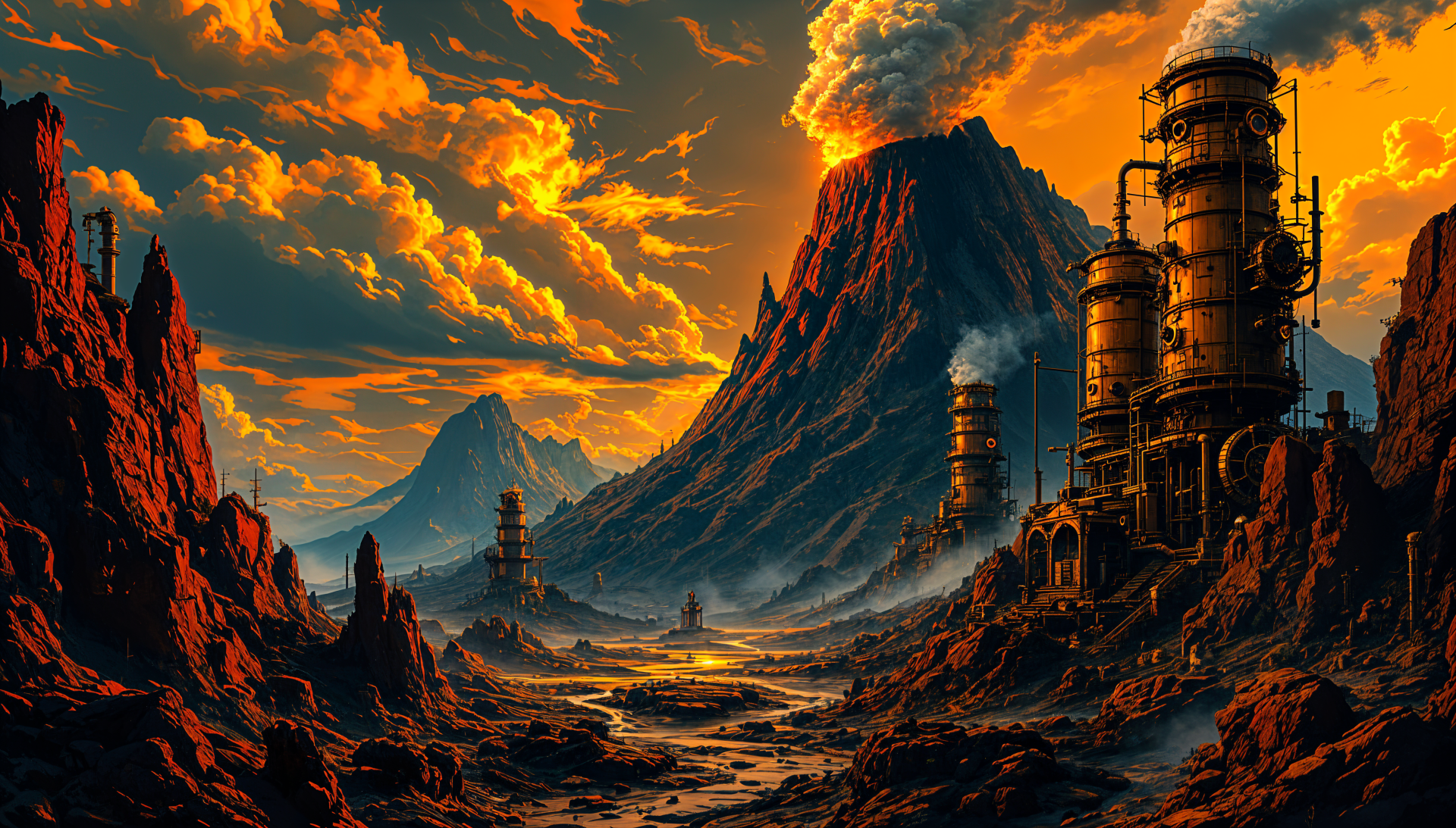 4K Ultra HD PC Desktop Wallpaper and Background: alien volcanic scene with a smoking peak, molten-orange sky, jagged red rock canyons and steam-belching industrial towers.
