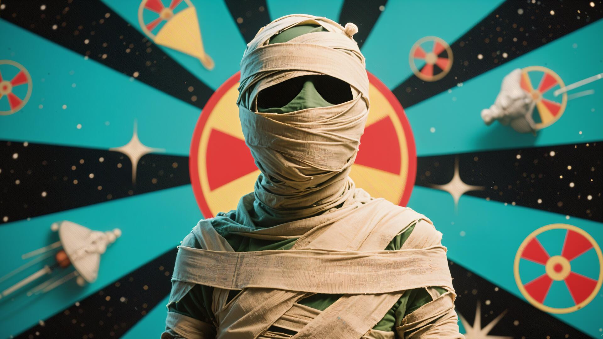Stylized mummy wrapped in bandages and dark goggles against a retro cosmic backdrop of rockets and stars — 4K Ultra HD PC desktop wallpaper and background.