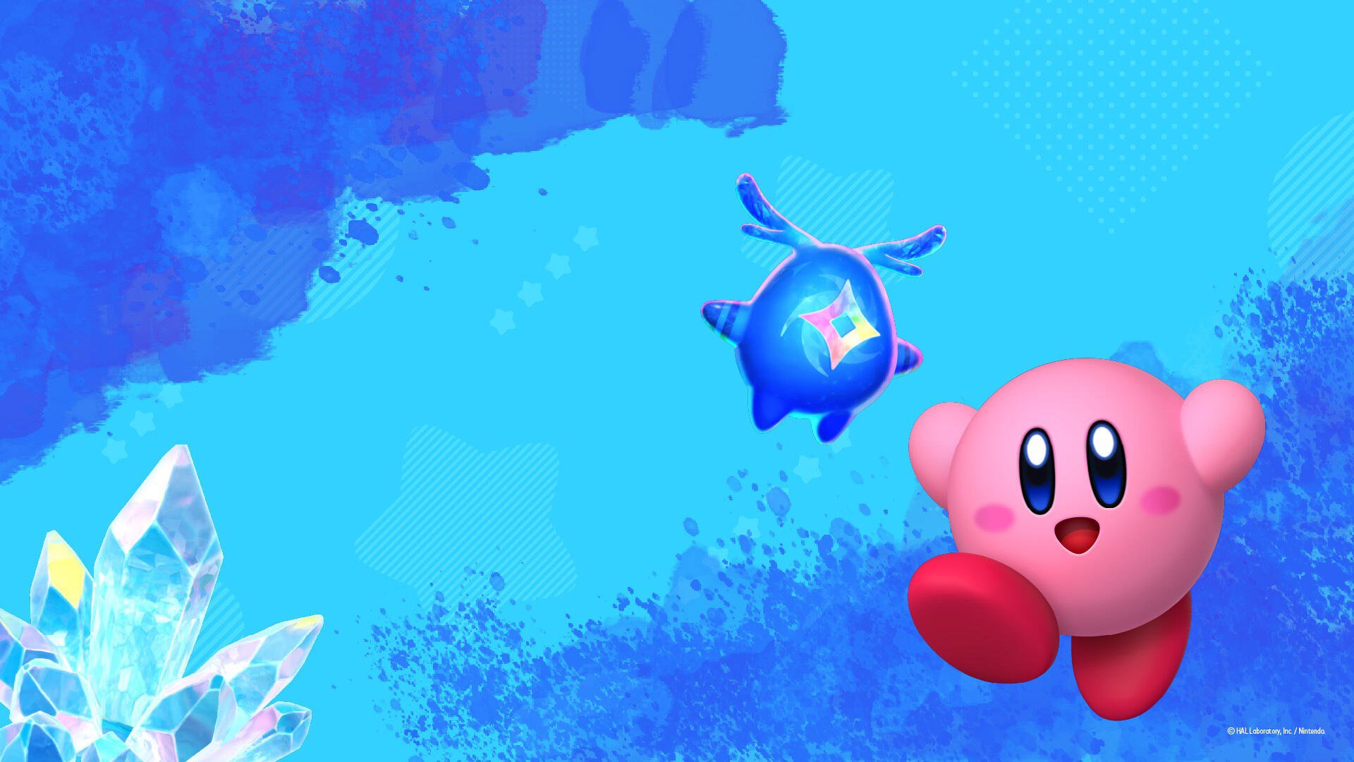 HD PC desktop wallpaper of Kirby from Kirby and The Forgotten Land, floating on a bright blue textured background with crystals and a small blue companion.