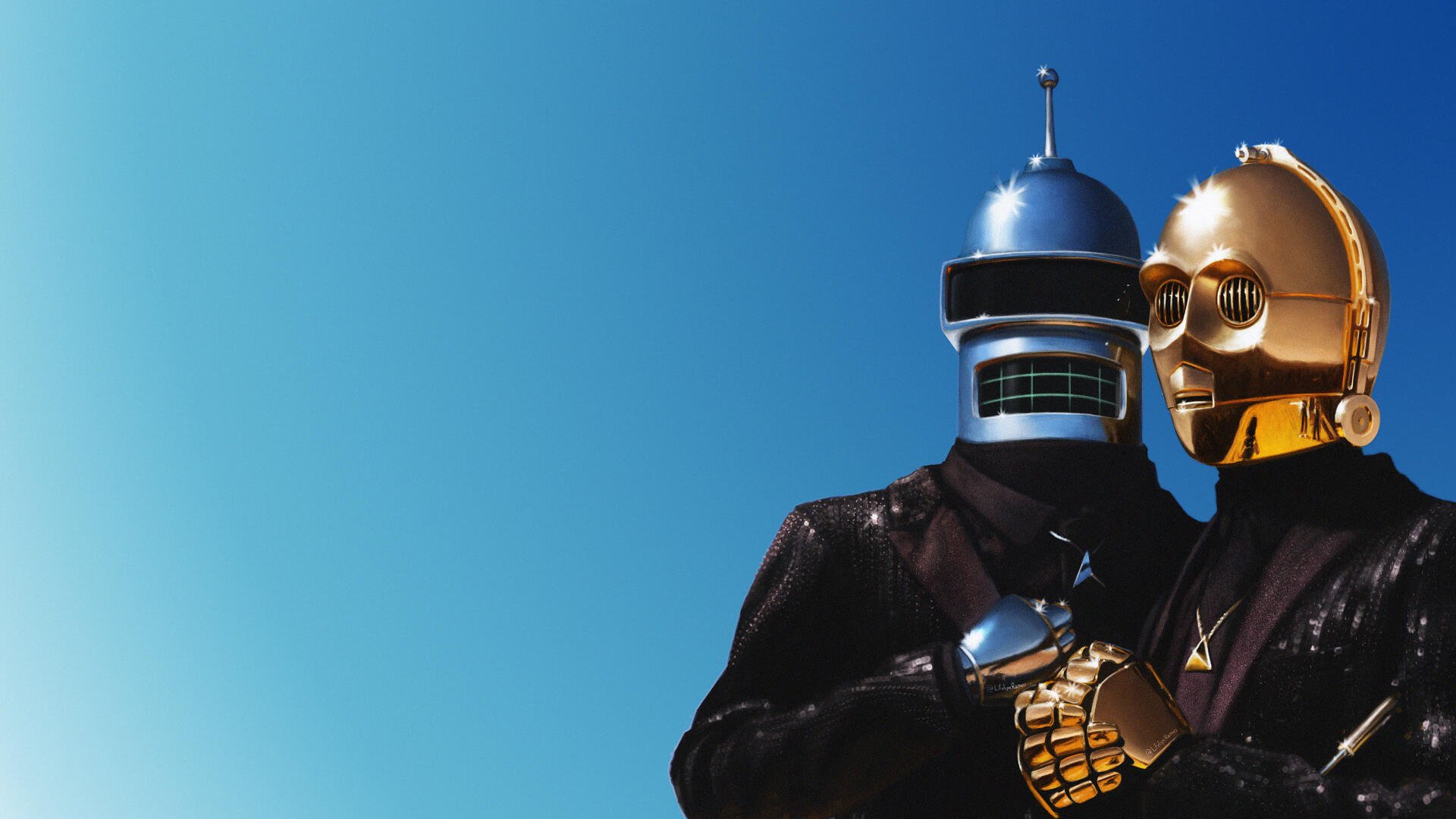 4K Ultra HD desktop wallpaper showing Bender (Futurama) wearing a Daft Punk–style helmet and a C-3PO (Star Wars) golden droid clasping hands against a clear blue sky.