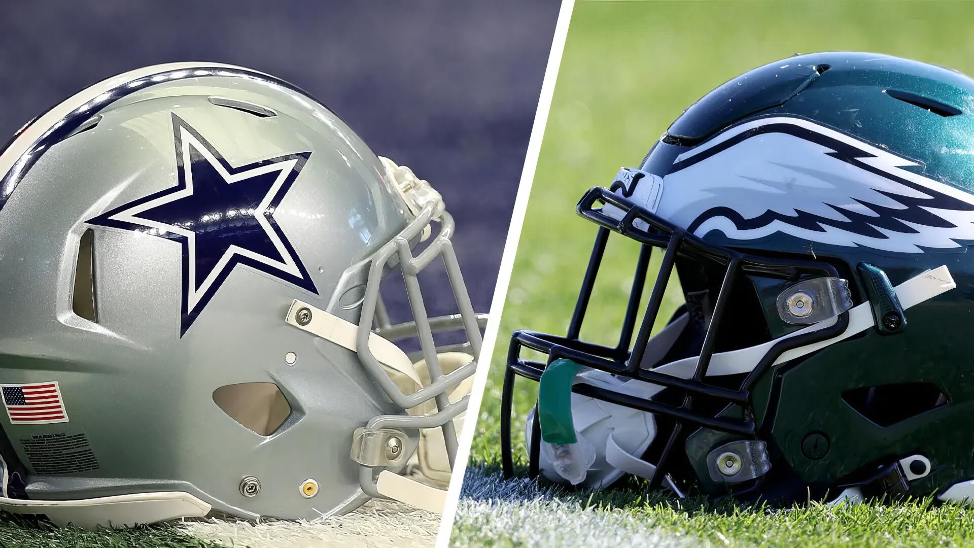 HD PC desktop wallpaper: split image of Dallas Cowboys and Philadelphia Eagles football helmets facing each other on the field.