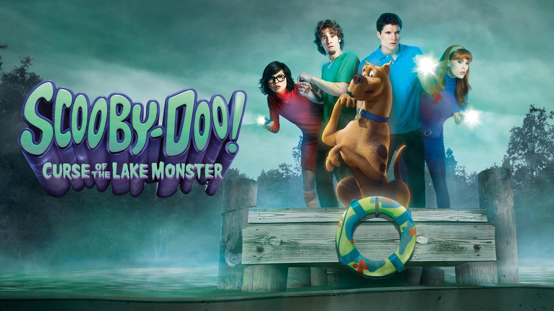 Scooby-Doo! Curse of the Lake Monster HD PC desktop wallpaper/background showing Scooby and the Mystery Inc. gang on a misty dock with the film logo and a lake-themed lifebuoy.