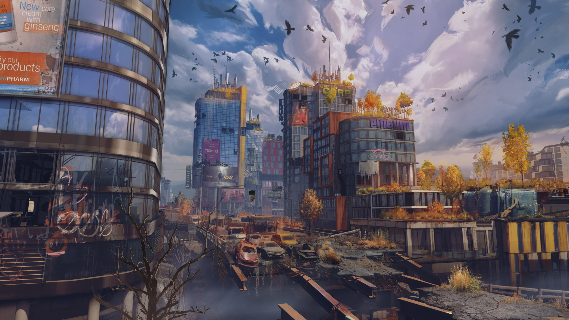 4K Ultra HD PC desktop wallpaper of Dying Light: The Beast — a post-apocalyptic cityscape with overgrown high-rises, flooded streets, abandoned cars and crows beneath a stormy sky.