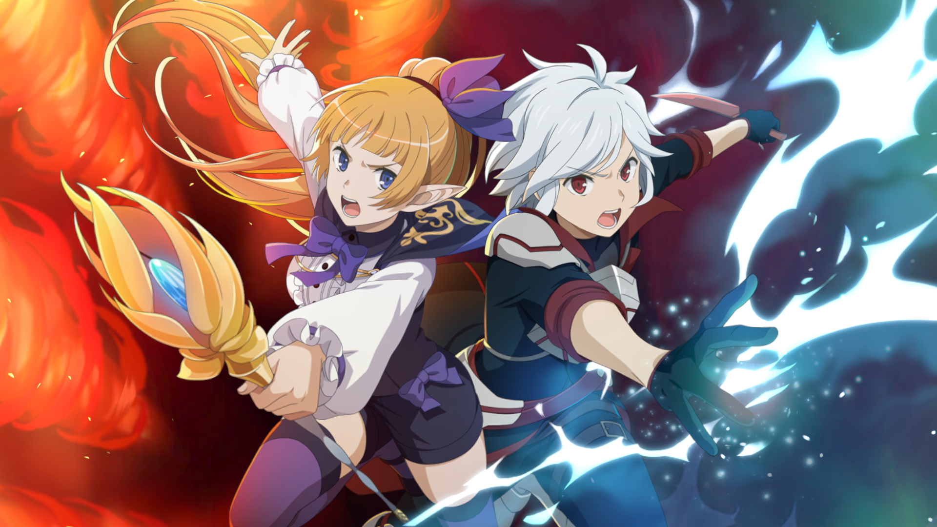 HD PC wallpaper of Bell Cranel and Lefiya Viridis from Is It Wrong to Try to Pick Up Girls in a Dungeon?, leaping forward amid fiery and bluish magical energy.