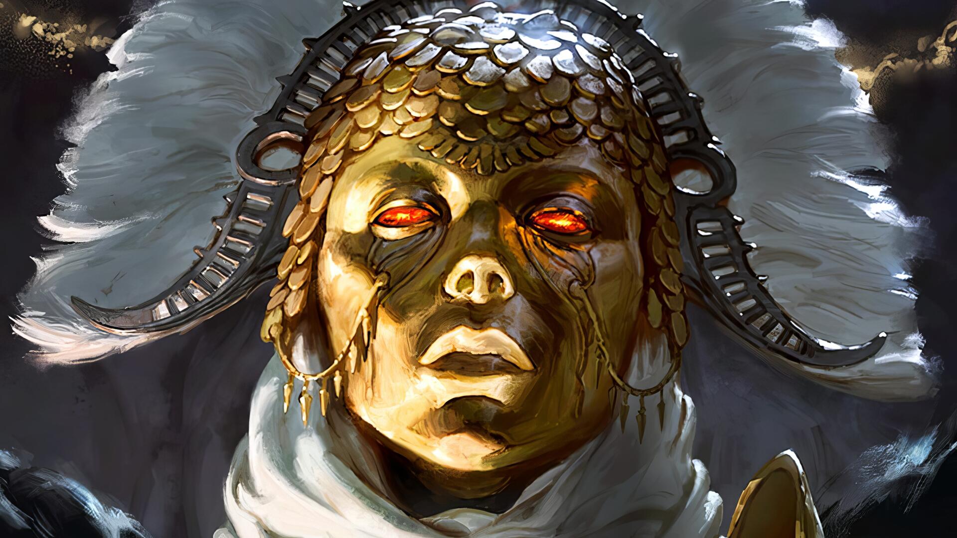 HD PC desktop wallpaper of a golden, ornate mask with glowing red eyes and feathered helmet from the video game Titan Quest II.