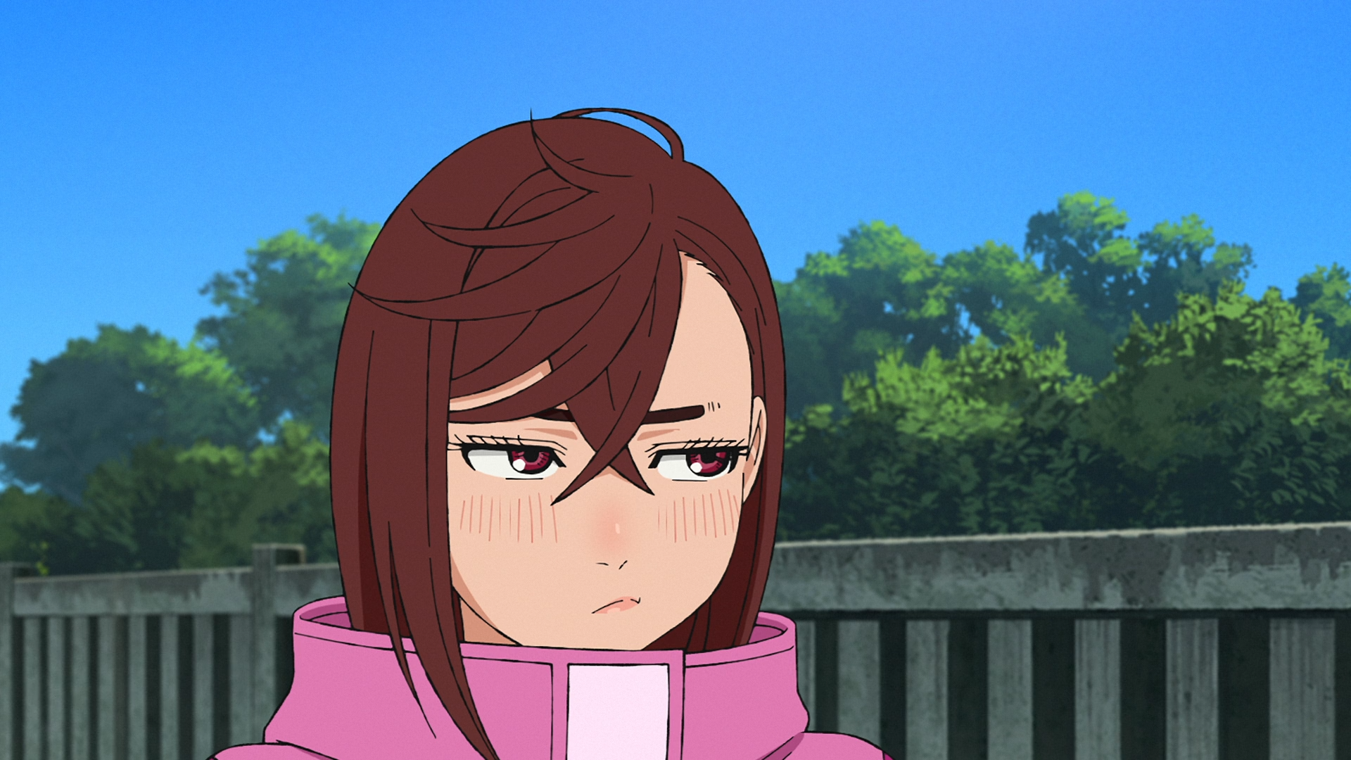 Anime HD desktop wallpaper of Momo Ayase (Dandadan): close-up in a pink jacket, slightly annoyed expression against a fence, treeline and blue sky background.