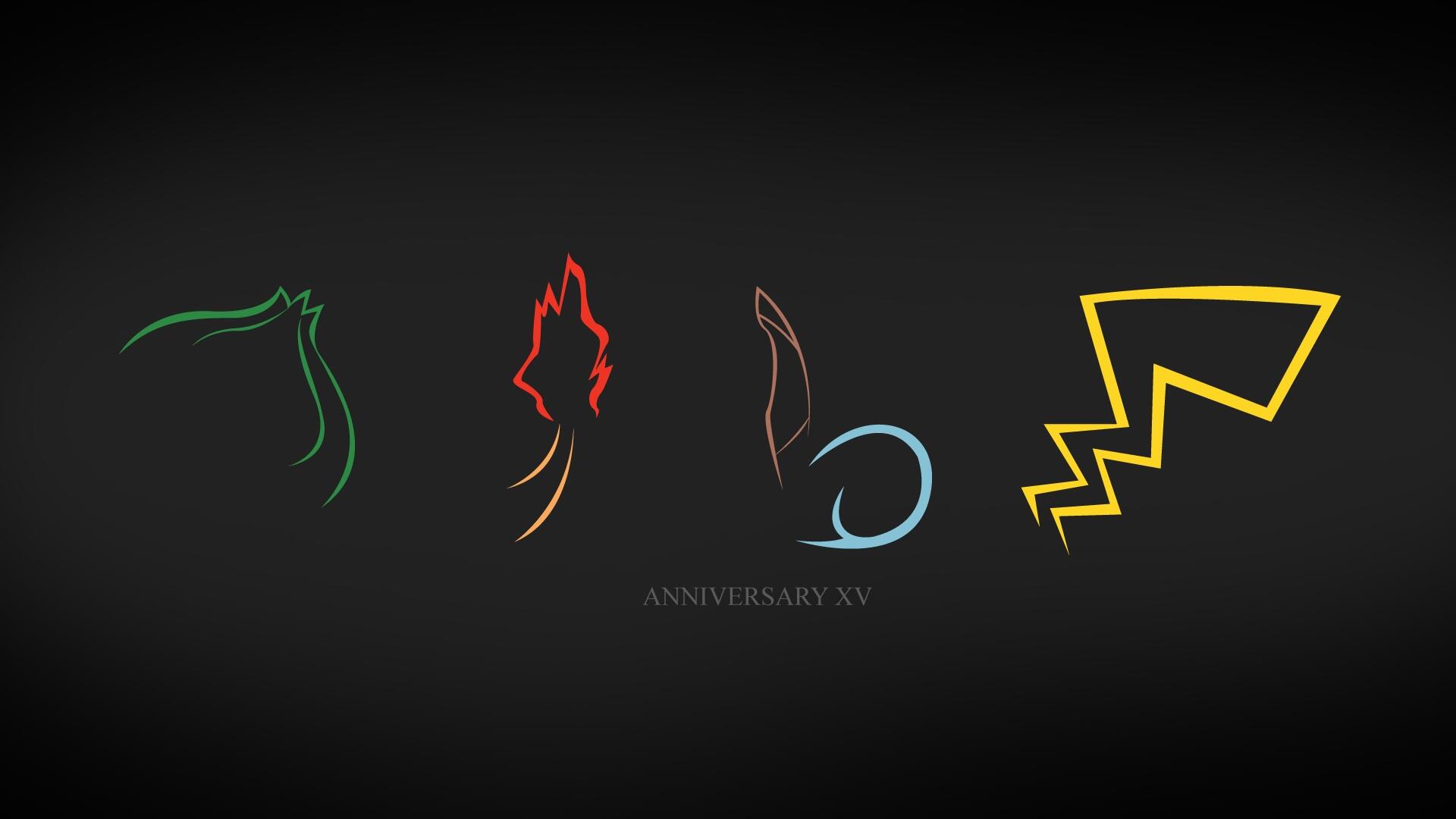 Minimalist neon outlines of four Pokémon silhouettes on a dark gradient background with small Anniversary text — HD PC desktop wallpaper/background, video game-themed art.