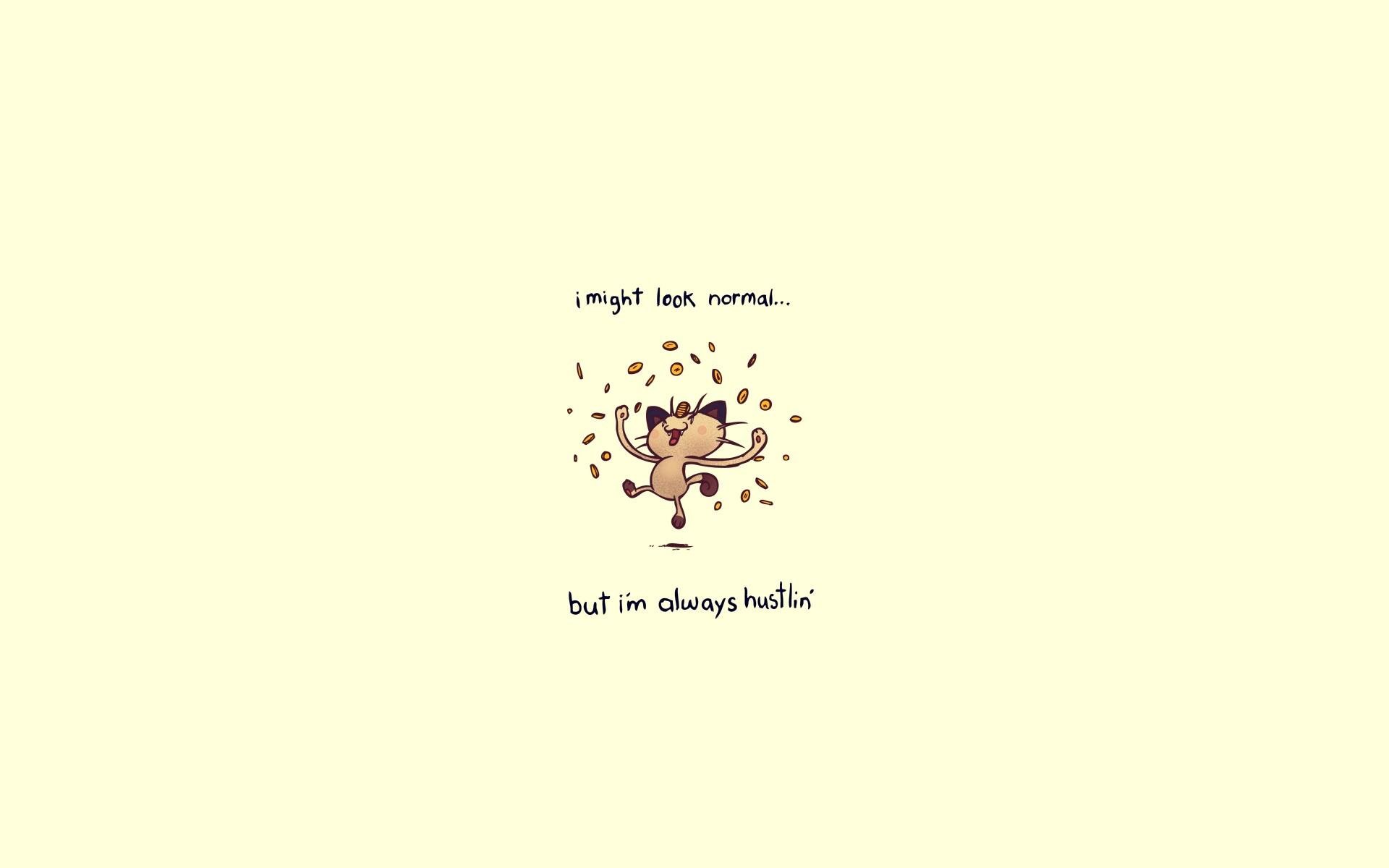 HD PC desktop wallpaper/background: minimalist pale-cream canvas with centered Eevee (Pokémon video game) surrounded by confetti and caption I might look normal... but I'm always hostile.