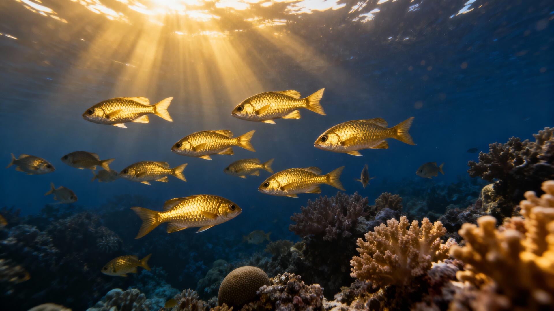 Underwater photography showing a golden school of fish over a coral reef with sunbeams through blue water — 4K Ultra HD PC desktop wallpaper and background.