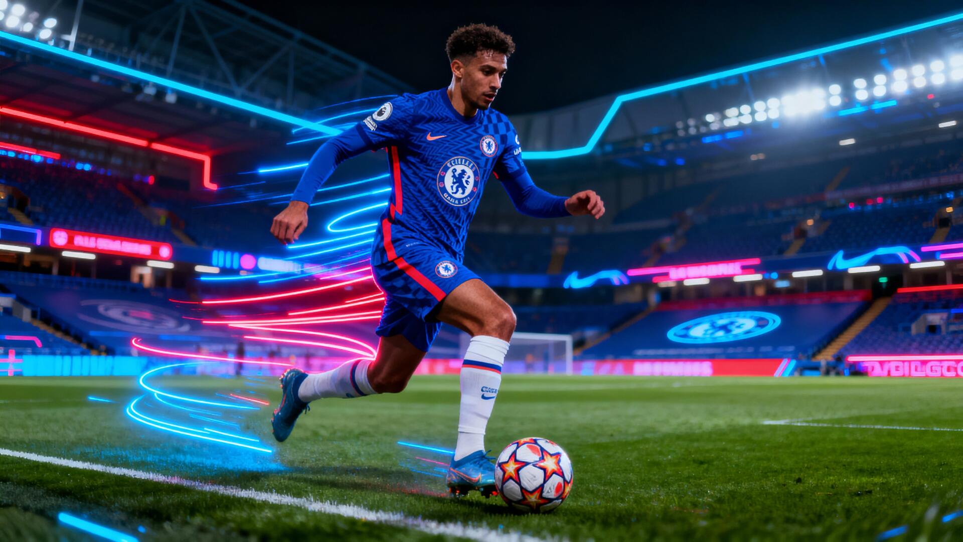 Footballer in Chelsea F.C. blue kit dribbles a ball along the pitch amid neon light trails in a packed stadium — 4K Ultra HD PC desktop wallpaper/background.