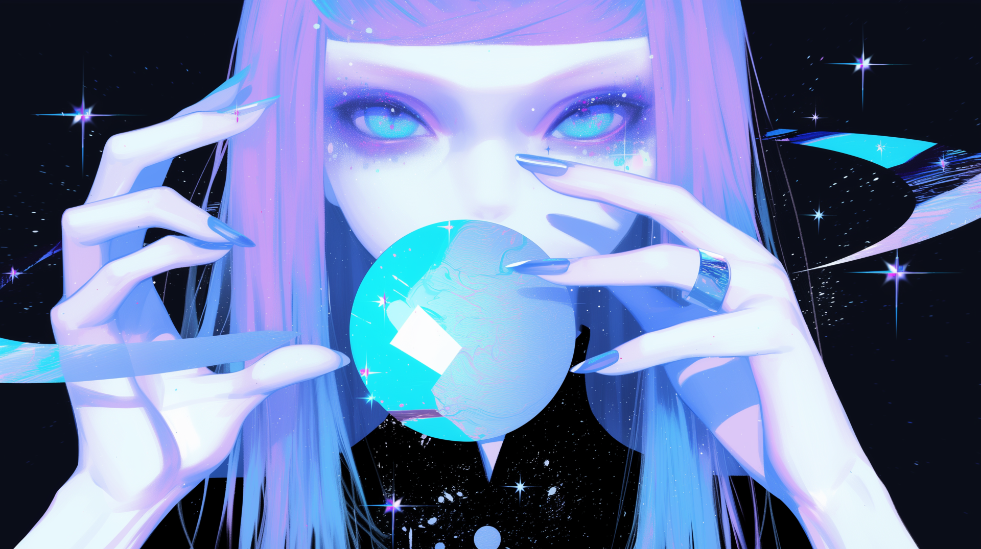 HD PC desktop wallpaper: anime fantasy witch girl with long purple hair holding a glowing blue orb, cosmic stars and a ringed planet backdrop.