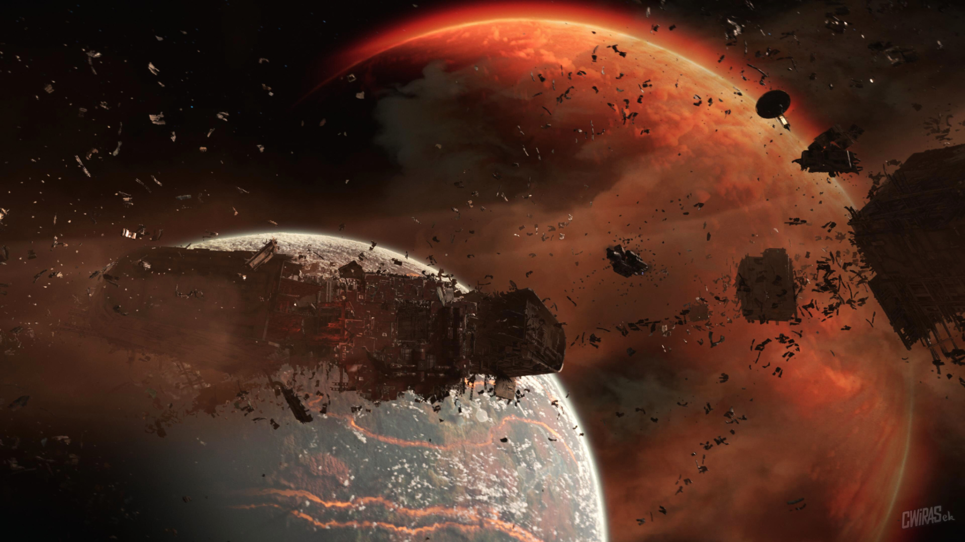 HD PC desktop wallpaper from the video game Star Wars Outlaws: a debris-strewn planetscape with a battered freighter drifting before a glowing red gas giant.