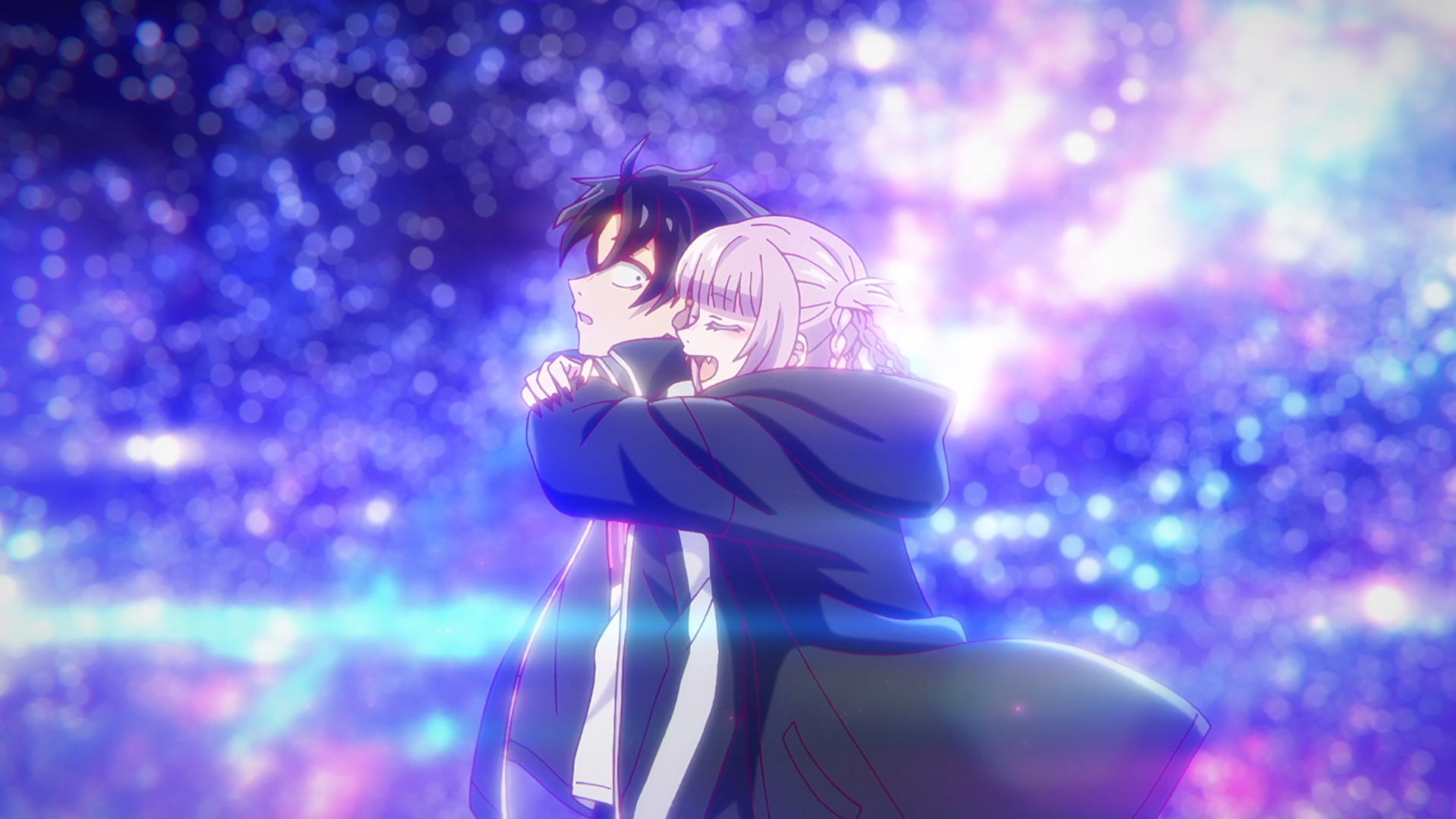 Anime HD desktop wallpaper from Call of the Night: Kou Yamori embraced from behind by Nazuna Nanakusa beneath glowing purple-blue night lights.