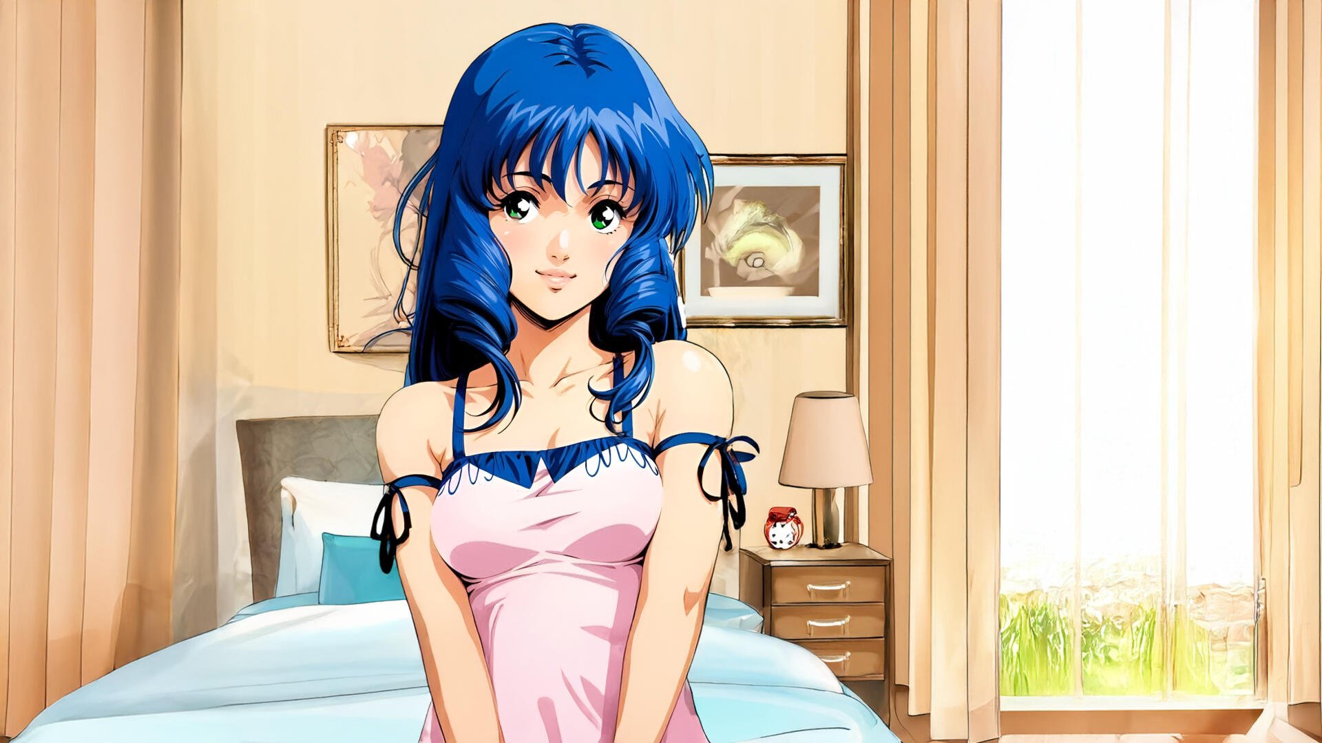 HD PC desktop wallpaper of Lynn Minmei (Lynn Minmay) from Robotech/Macross: blue-haired Minmay in a pink nightgown smiling in a sunlit bedroom background.