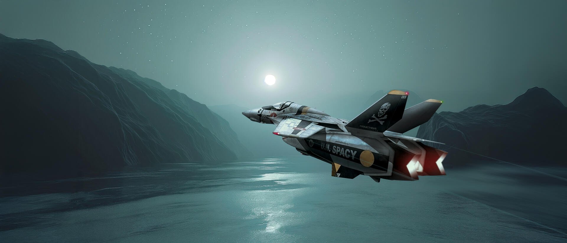 HD PC desktop wallpaper/background: Robotech/Macross VF fighter jet soars above a misty mountain lake at dusk, its thrusters glowing against a teal, layered mountain sky.