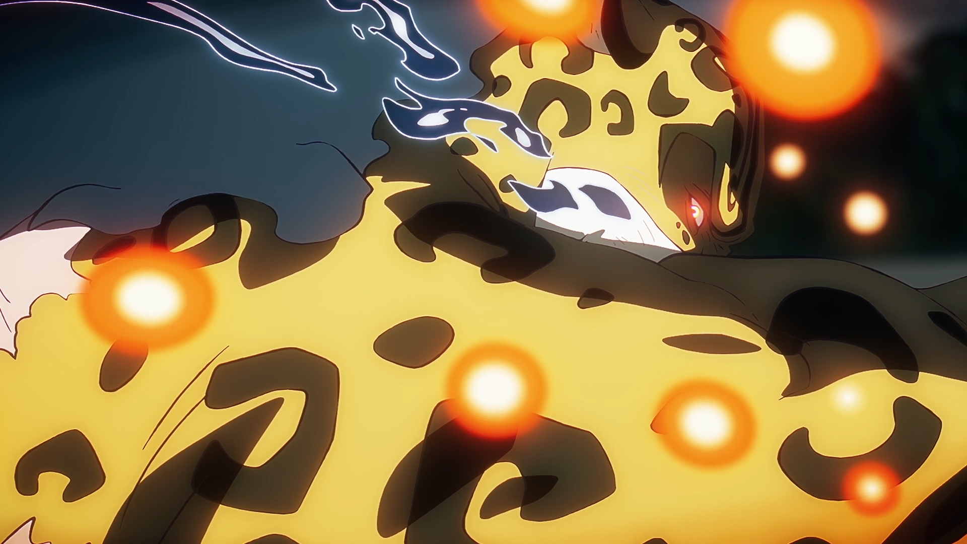 HD PC wallpaper: Rob Lucci (One Piece) in leopard Zoan form, surrounded by glowing orange orbs and swirling dark energy.