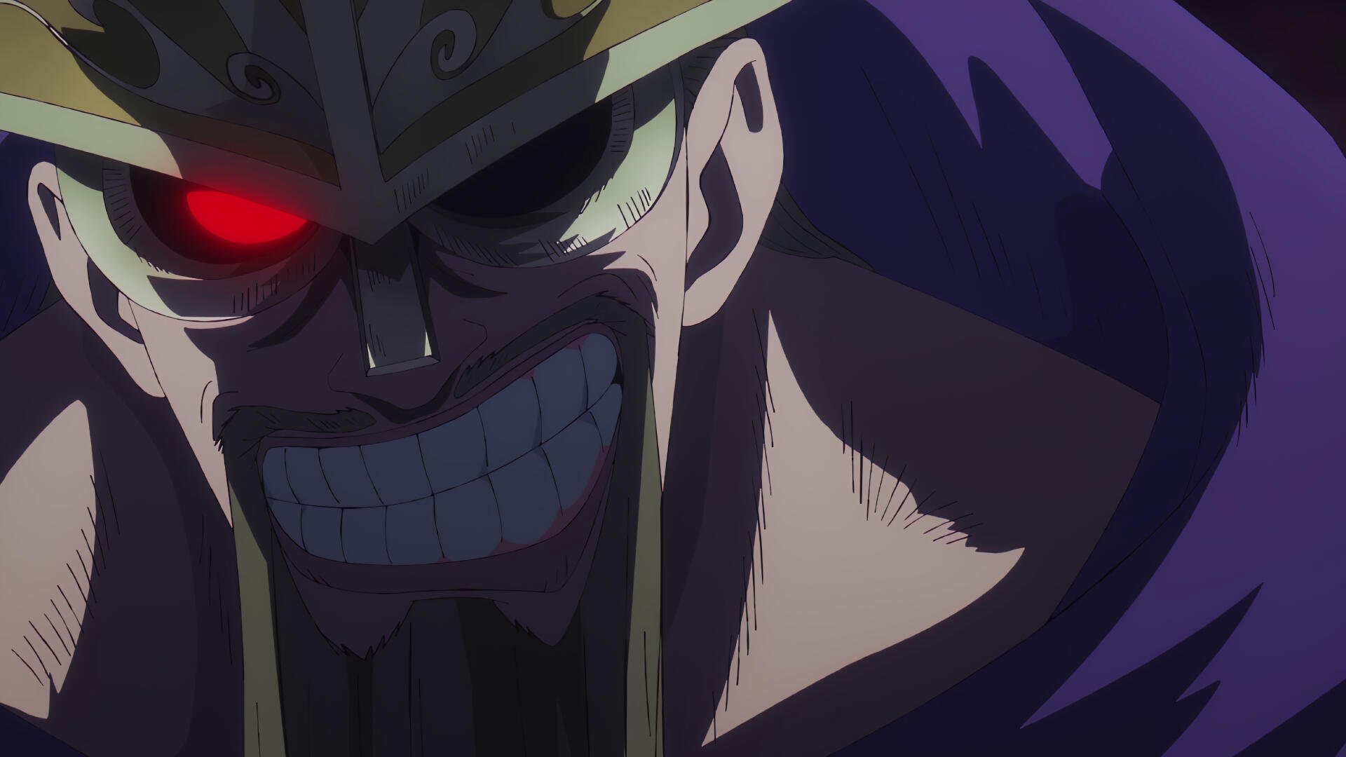 4K Ultra HD PC wallpaper: Anime One Piece — Dorry close-up with horned helmet, glowing red eye and menacing grin on a dark purple background.