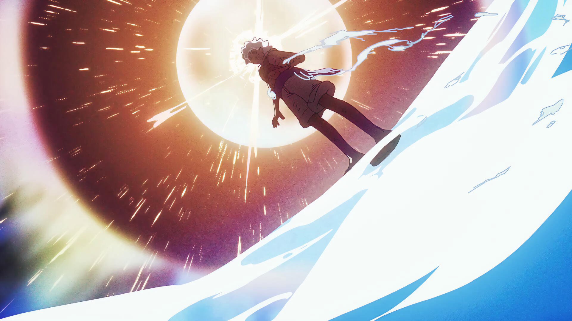 4K Ultra HD anime desktop wallpaper: One Piece's Monkey D. Luffy in Gear 5 silhouetted against a blazing sun, leaping above dynamic waves with radiant light streaks.
