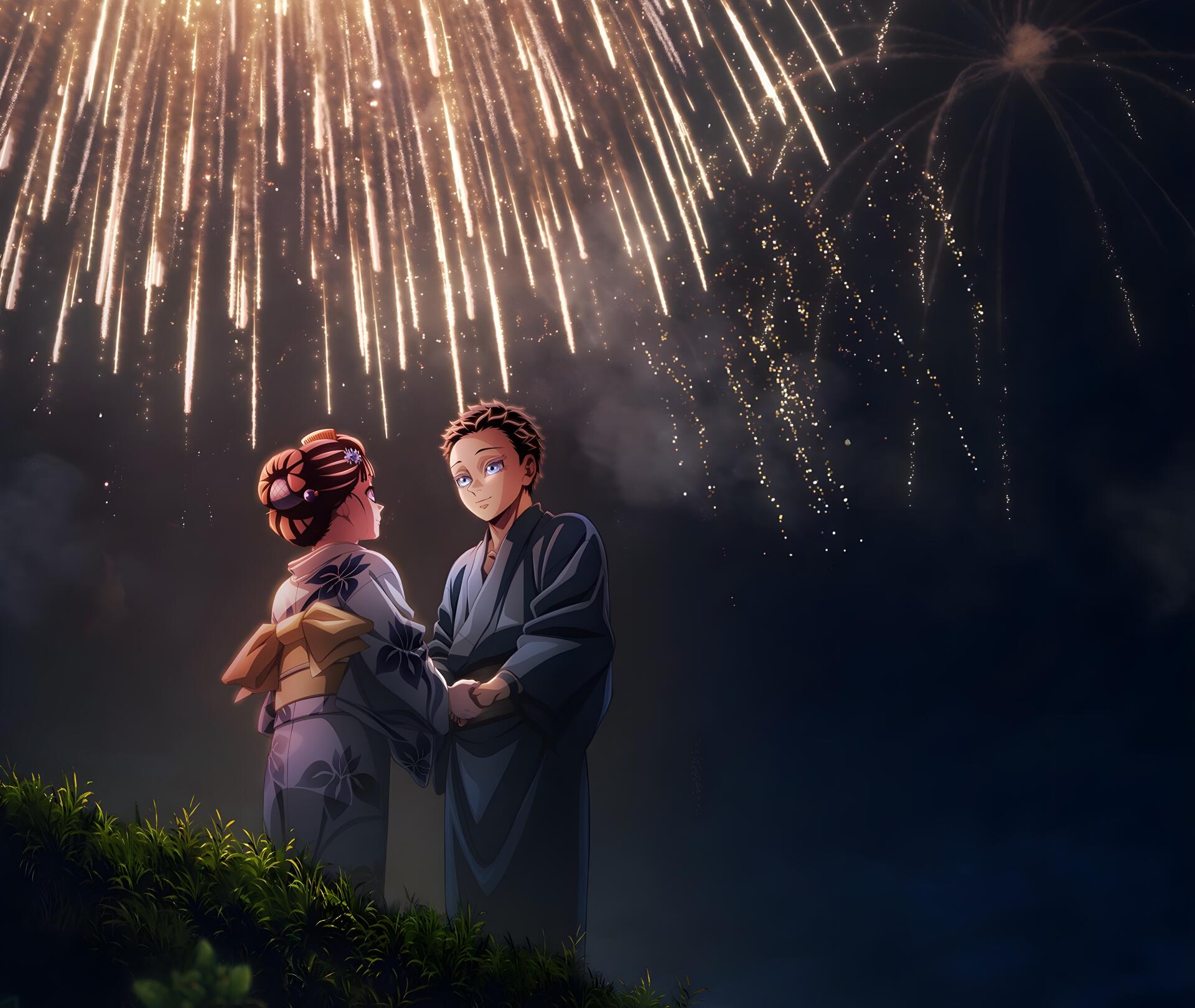 Demon Slayer: Kimetsu no Yaiba anime 4K Ultra HD PC desktop wallpaper — two figures in yukata holding hands on a grassy hill beneath a sky exploding with fireworks.