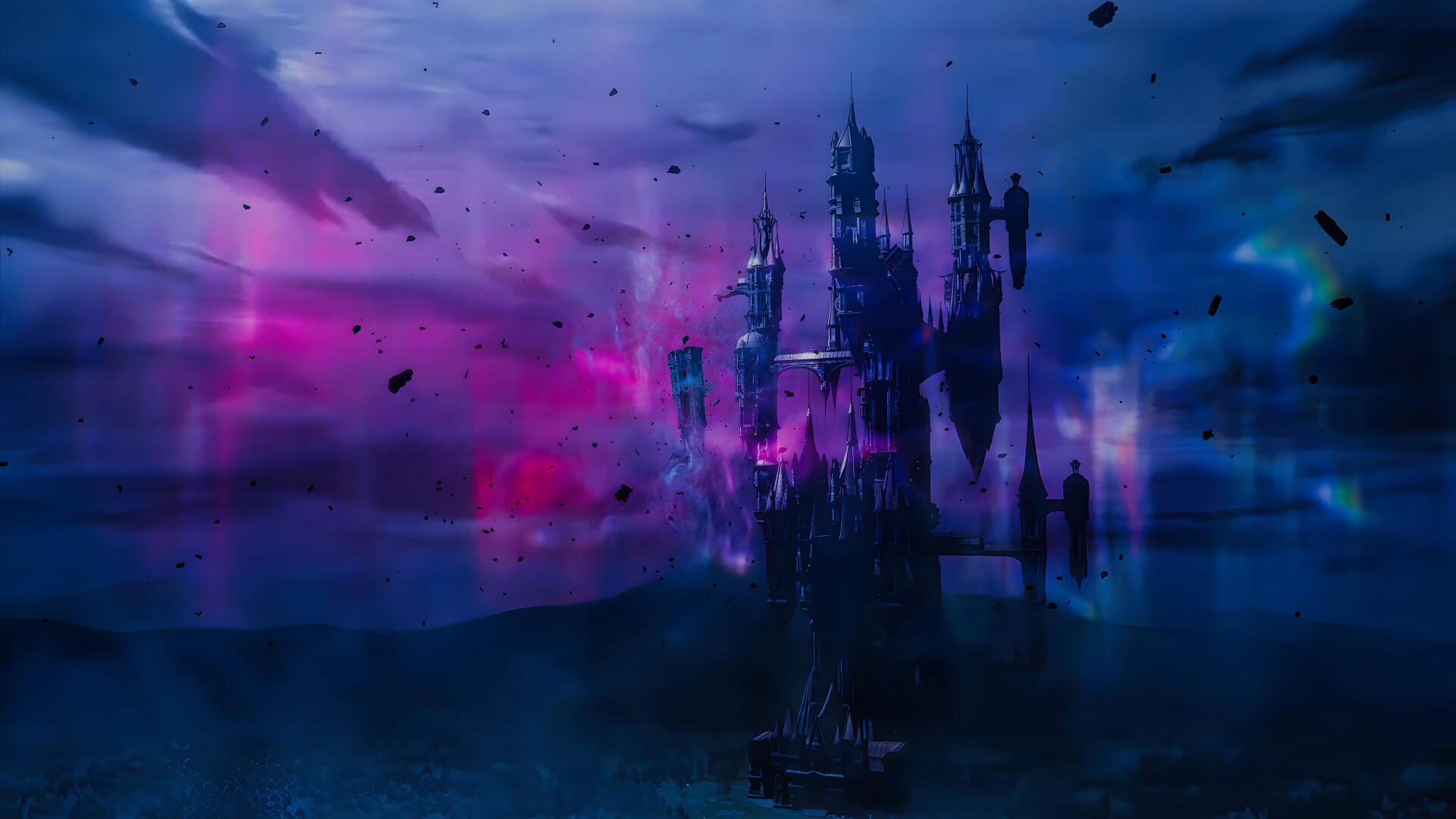 Anime-style Castlevania fantasy castle looms over misty waters under a dramatic purple-blue sky - 4K Ultra HD PC desktop wallpaper background.