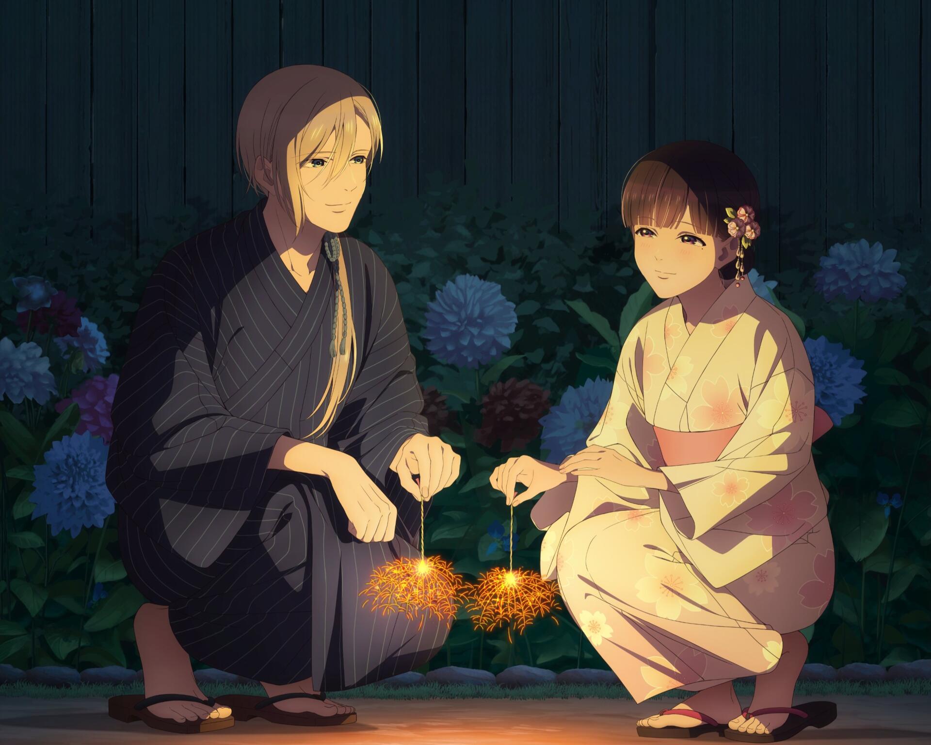HD PC desktop wallpaper — anime My Happy Marriage: Kiyoka Kudou and Miyo Saimori sit by hydrangeas at night, in kimono and dark robe, sharing glowing sparklers.
