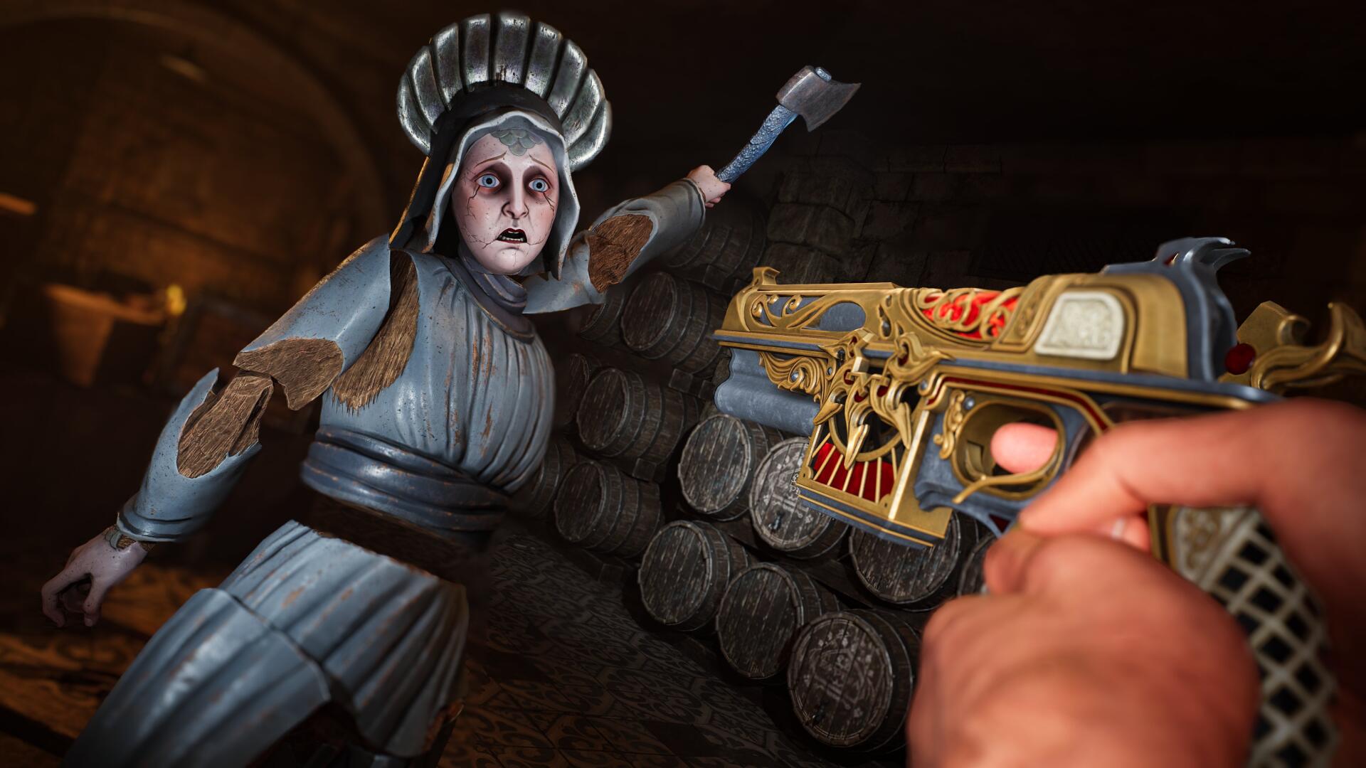 POV video game scene (Crisol: Theater of Idols): a hand fires an ornate golden pistol at a pale theatrical figure in a dark barrel-lined cellar. 4K Ultra HD PC desktop wallpaper.