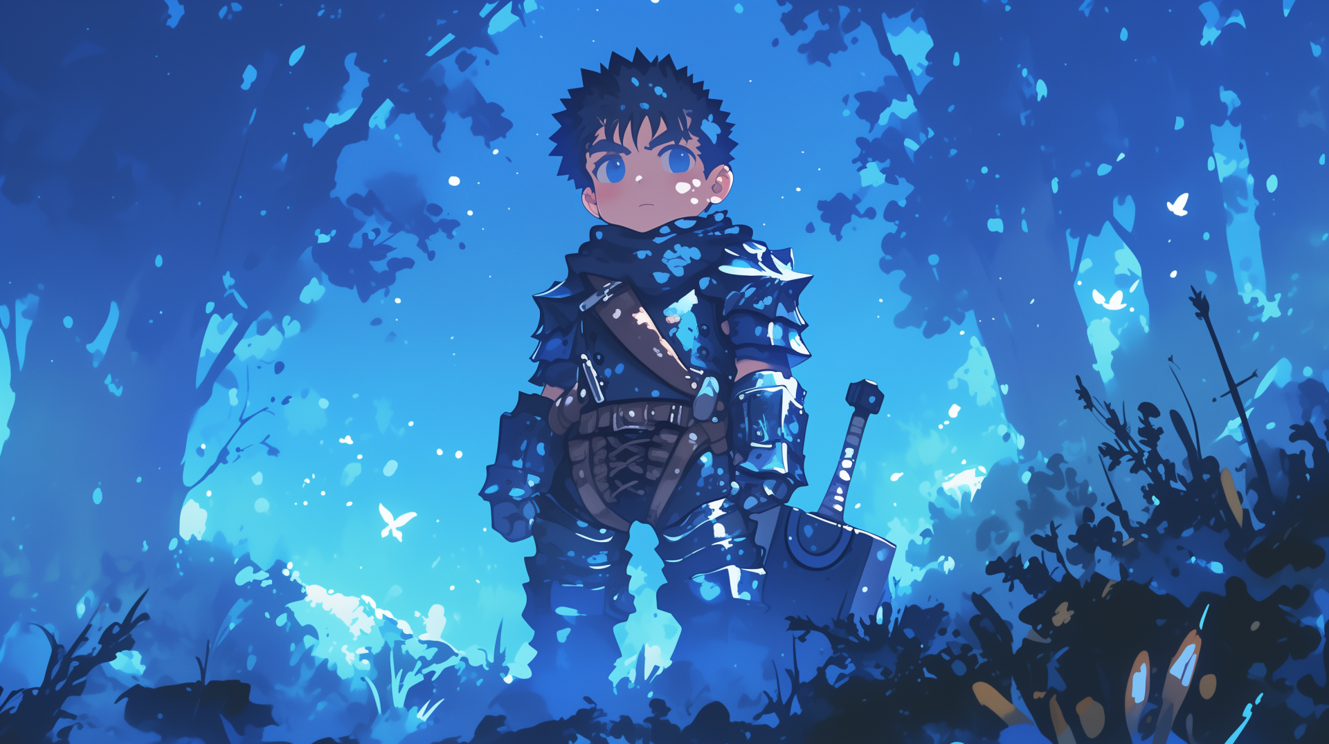 AI art anime depiction of Guts (Berserk) in heavy armor, holding his greatsword in a glowing blue forest — 2K Quad HD PC desktop wallpaper/background.
