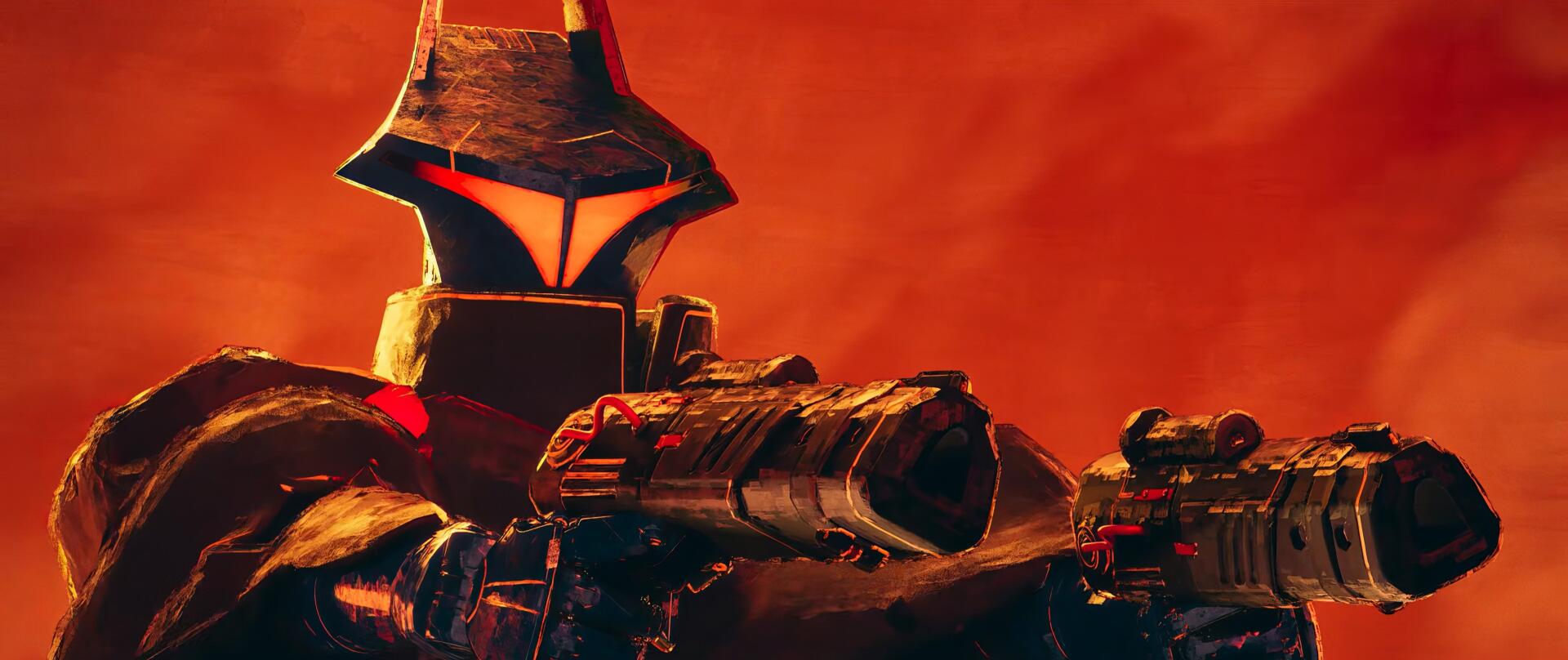 2K Quad HD PC wallpaper from TV show Star Wars: Visions — a Sith bounty hunter in angular helmet aiming a heavy blaster against a fiery red background.