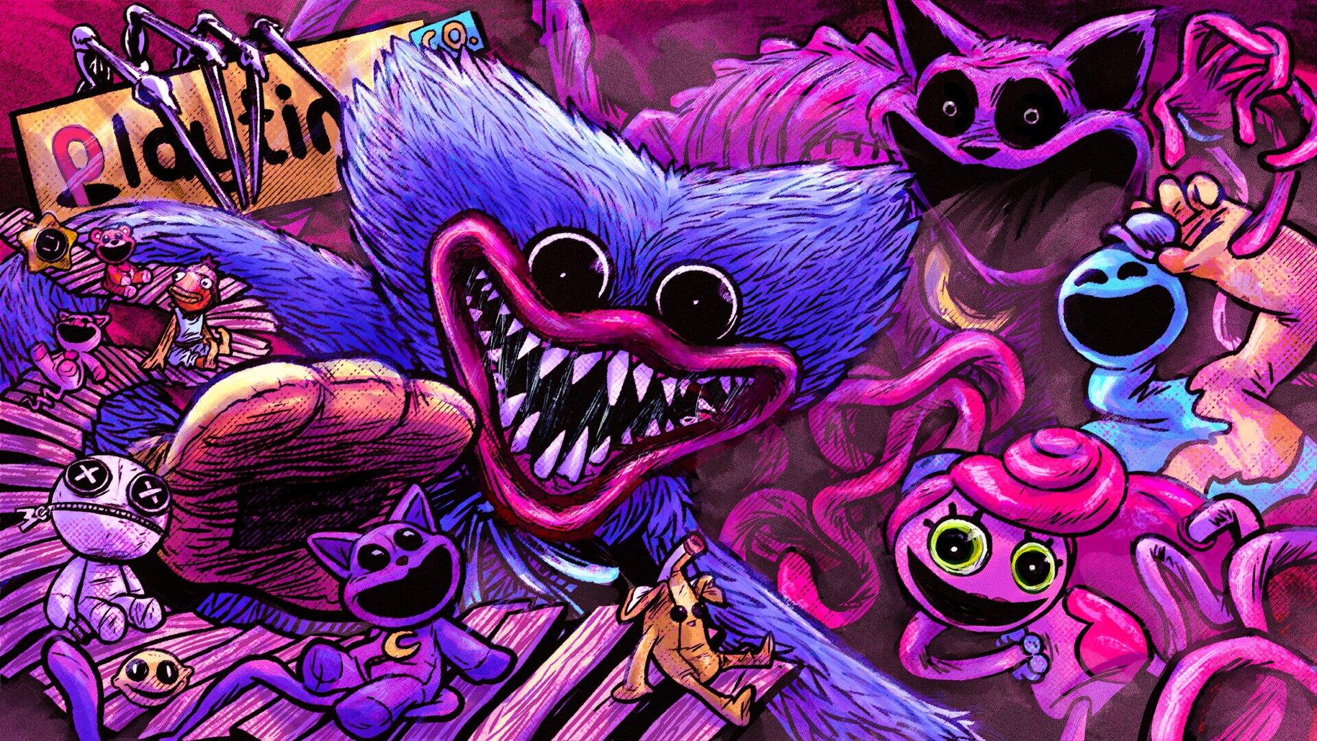 Video game HD PC desktop wallpaper/background blending Fortnite and Poppy Playtime: neon purple-pink Huggy Wuggy and eerie toy creatures in a chaotic collage.