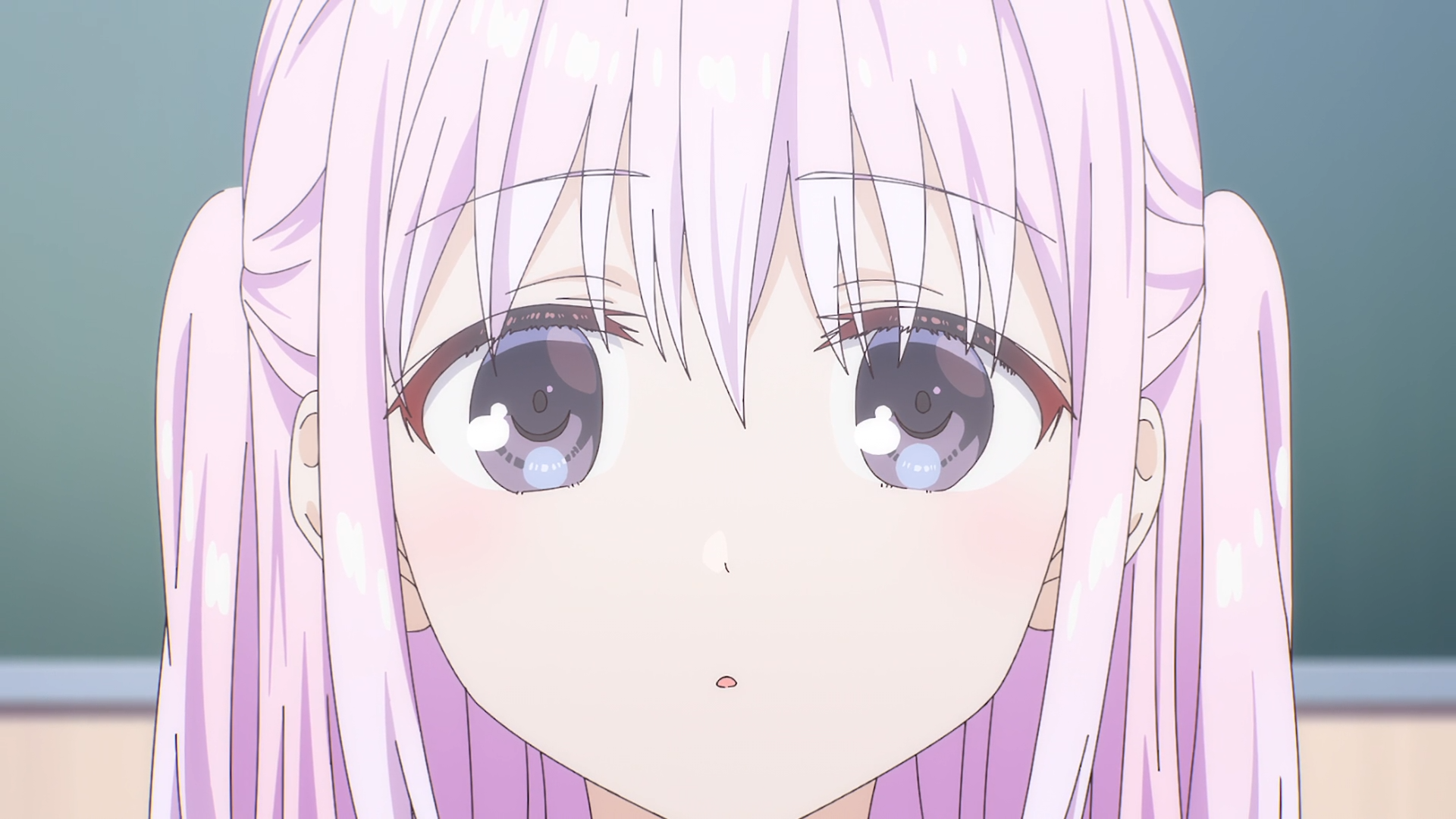 Anime HD desktop wallpaper featuring inexpressive Kashiwada, a pale pink twin‑tailed girl with large gray eyes and a calm, neutral expression from Inexpressive Kashiwada and Expressive Oota.