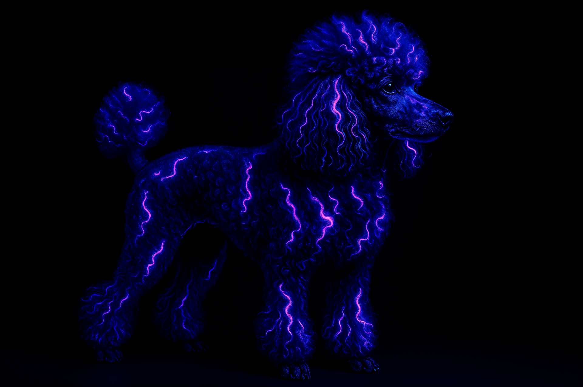 4K Ultra HD PC desktop wallpaper of a poodle outlined in neon electric-blue lightning against a black background.