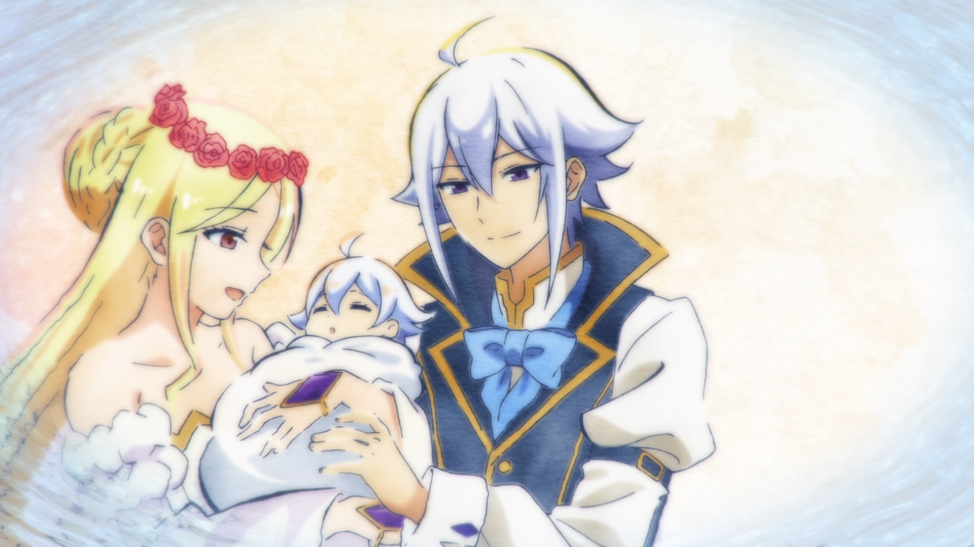 Anime HD wallpaper showing Ellen and Rovel Vankreift (Dad is a Hero Mom is a Spirit I'm a Reincarnator) gently holding newborn Origin in a soft pastel family scene.