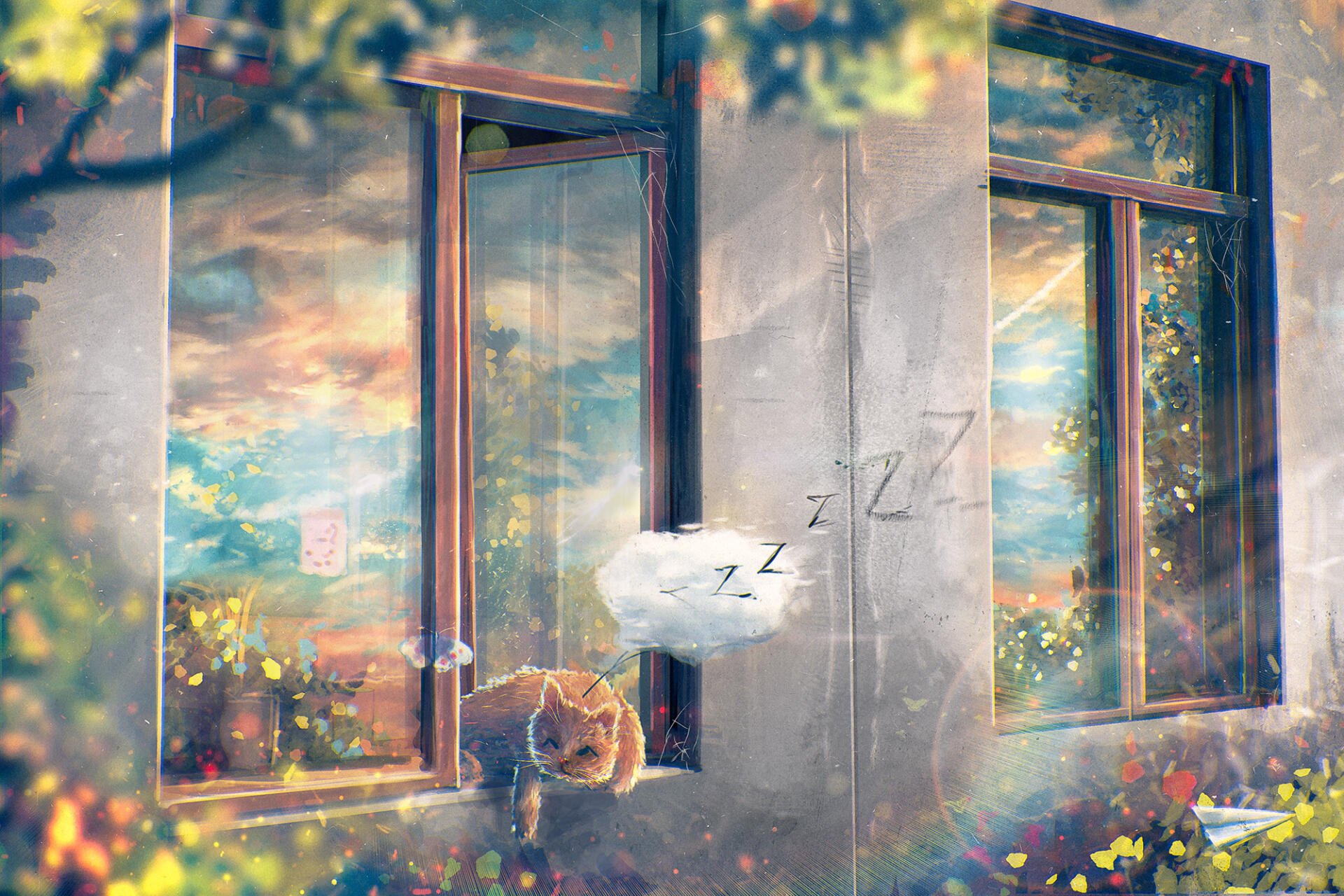 HD PC desktop wallpaper background: abstract summer light through open windows, a sleeping cat on the sill amid soft bokeh and painterly colors.