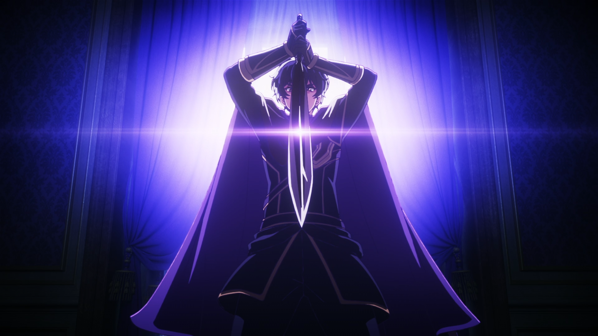 HD PC wallpaper of Akira Oda (My Status as an Assassin Obviously Exceeds the Hero’s) — silhouetted assassin lifts a glowing dagger against dramatic purple light.