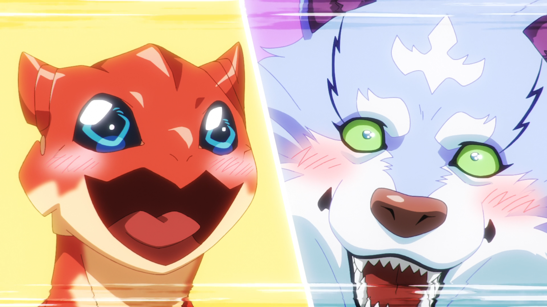 HD PC desktop wallpaper from the anime Campfire Cooking in Another World with my Absurd Skill, split-screen of Dora-chan (red) and Fel (white) grinning.