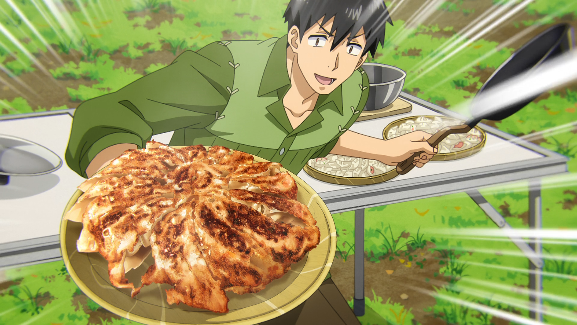 HD PC desktop wallpaper and background: Anime scene of Tsuyoshi Mukouda (Campfire Cooking in Another World with my Absurd Skill) holding a steaming plate of gyoza at an outdoor cooking setup.