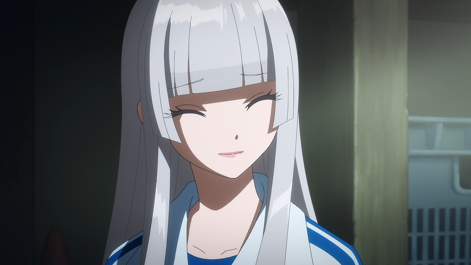 Anime HD PC desktop wallpaper/background of Wandance's Hikari Wanda smiling with long silver hair and bangs, eyes closed against a softly lit indoor backdrop.