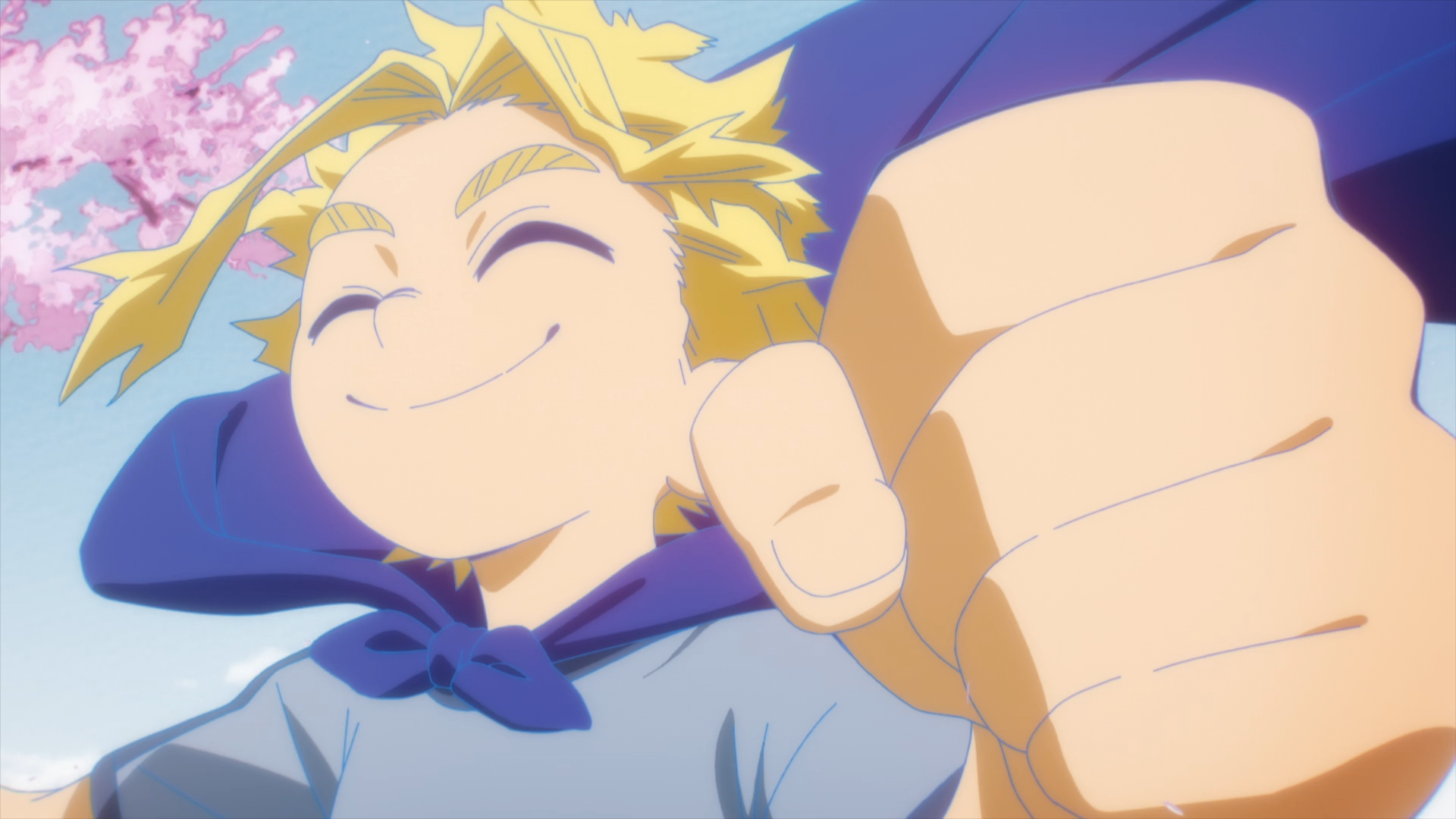 HD anime desktop wallpaper of All Might (Toshinori Yagi) from My Hero Academia, grinning with a fist extended toward the viewer against a bright sky and cherry blossom background.
