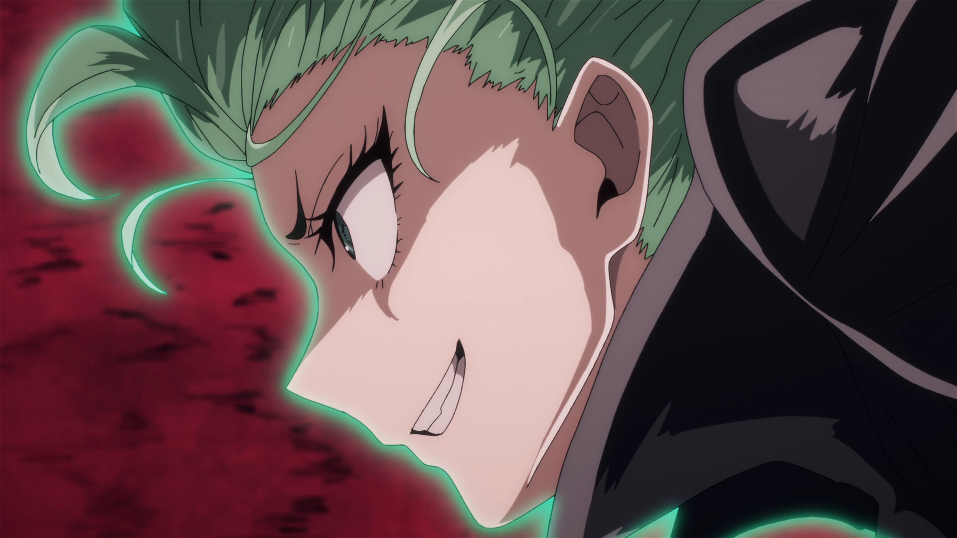 Anime HD PC desktop wallpaper: close-up profile of Tatsumaki (One-Punch Man) with a glowing green aura and a determined grin against a smoky red-black background.