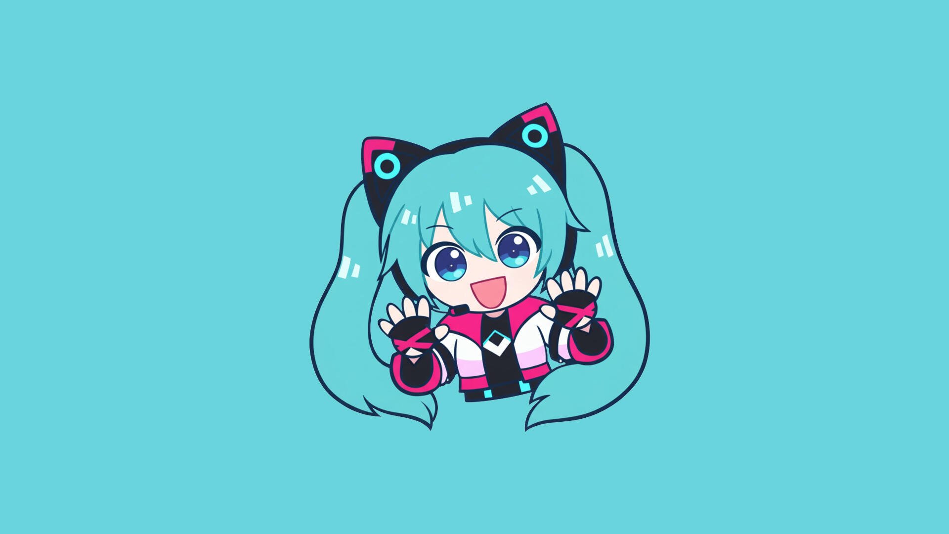 HD PC desktop wallpaper: chibi Hatsune Miku in Sonic Racing: CrossWorlds racing outfit, twin tails and cat-ear headset on a clean teal background.