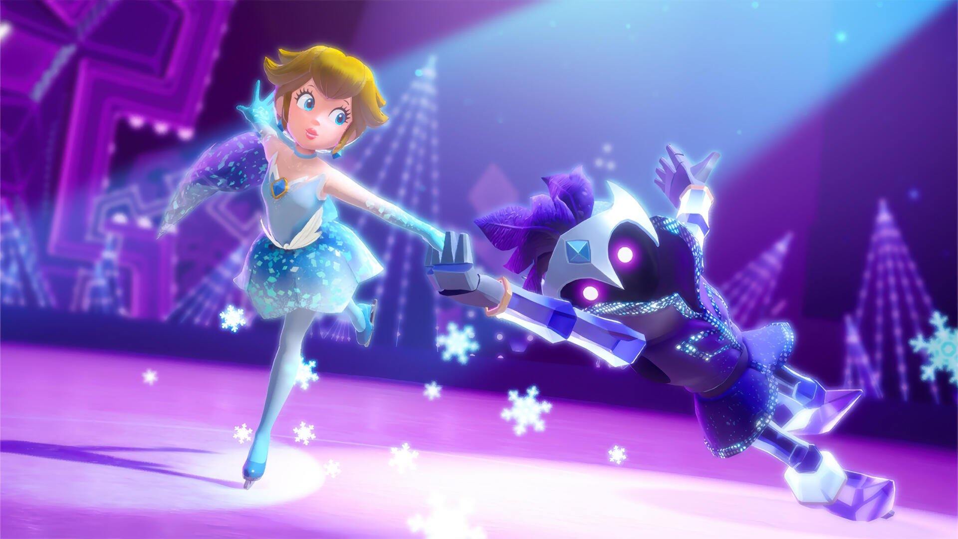 Princess Peach Showtime! HD PC desktop wallpaper and background: Peach in a sparkling blue show costume dances on a purple-lit stage, pulling a glowing shadowy partner amid falling snowflakes.