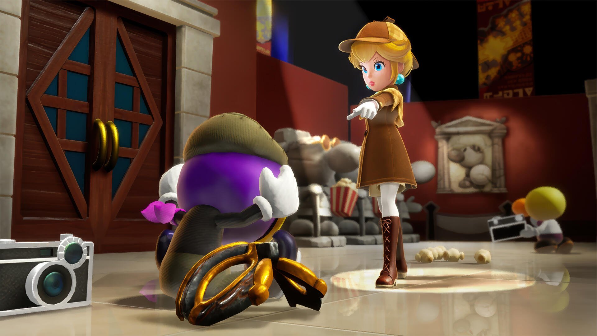 Princess Peach Showtime! HD PC desktop wallpaper: Princess Peach in a brown detective outfit points to a small purple-capped character amid toys and popcorn in a cozy living-room scene.