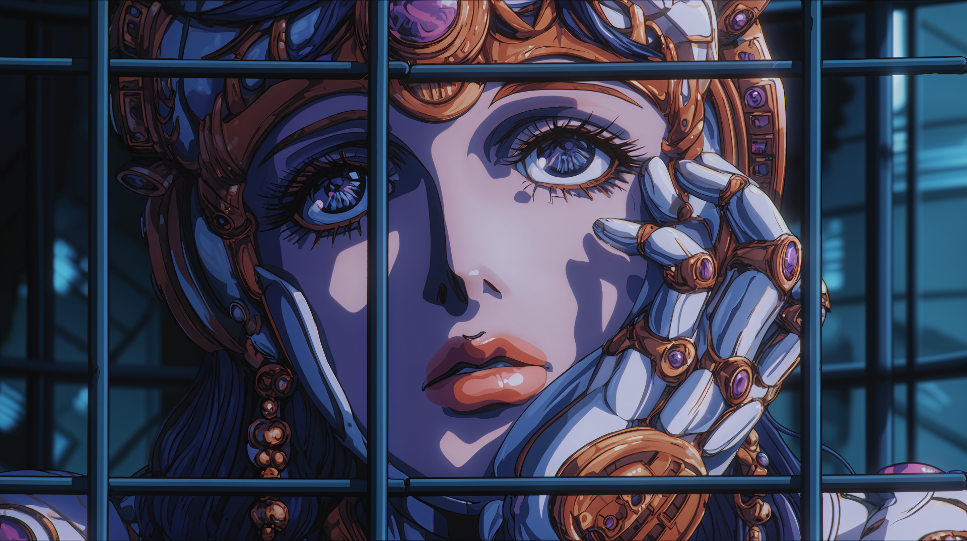 Sci-fi cyborg close-up: ornate female android with jeweled mechanical hand touching her face behind a metal grid, neon-lit — 4K Ultra HD PC desktop wallpaper