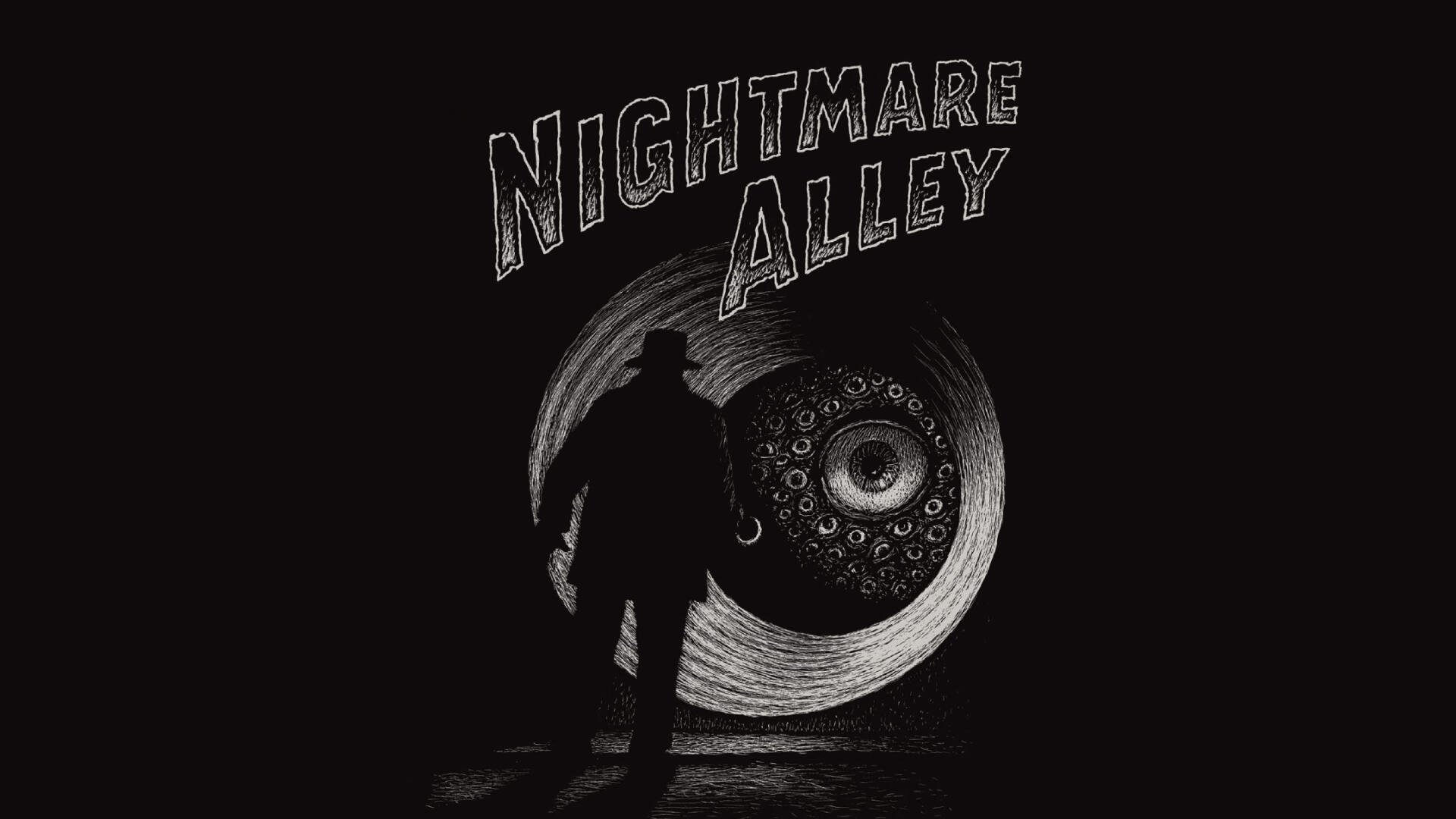Nightmare Alley movie HD PC desktop wallpaper: silhouetted man faces a large hypnotic eye and spiral beneath the arched title on a stark black background.