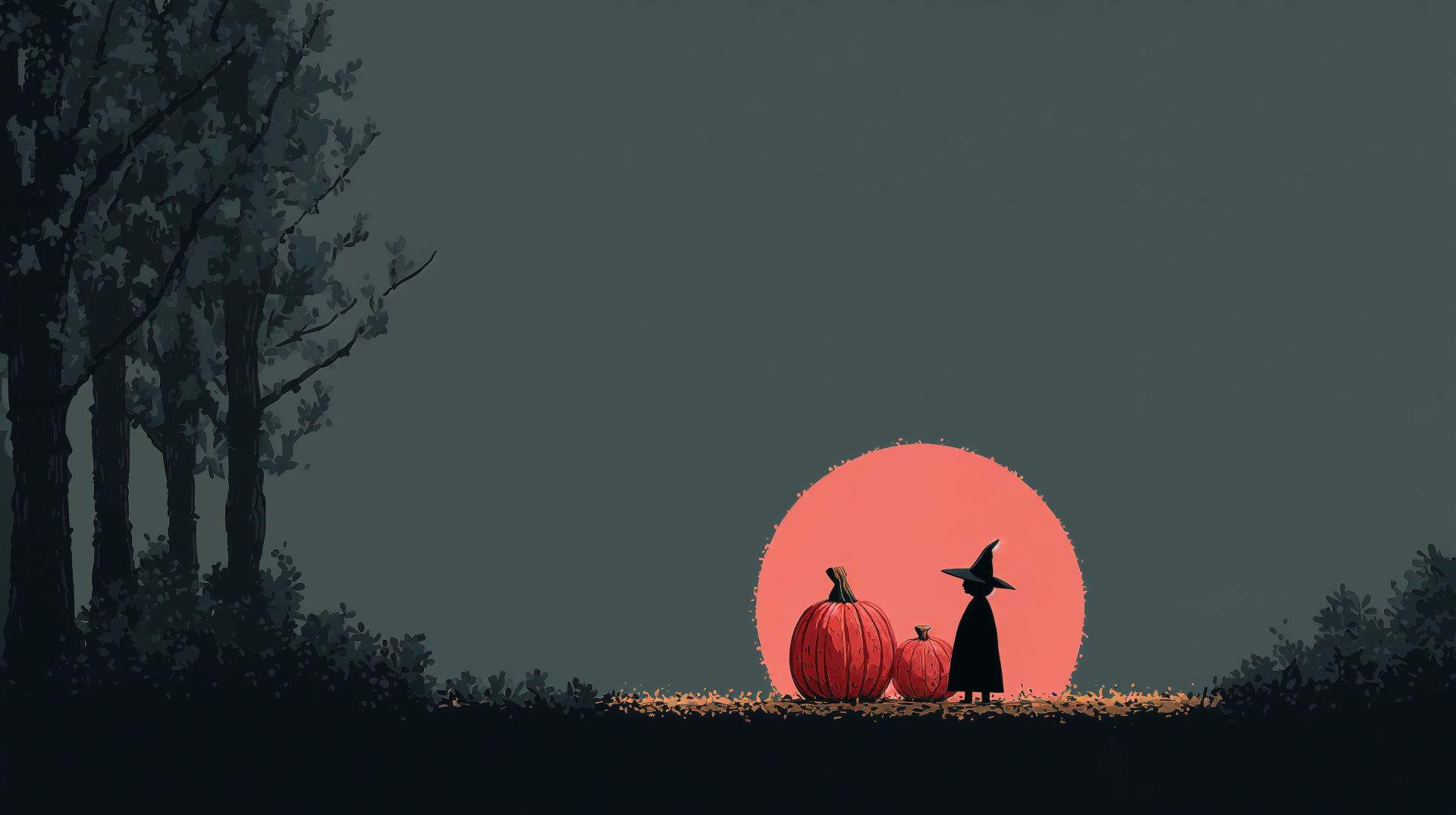 Minimal Halloween 4K Ultra HD PC desktop wallpaper and background: silhouetted witch and two pumpkins by bare trees against a large orange moon on a muted gray-green backdrop.