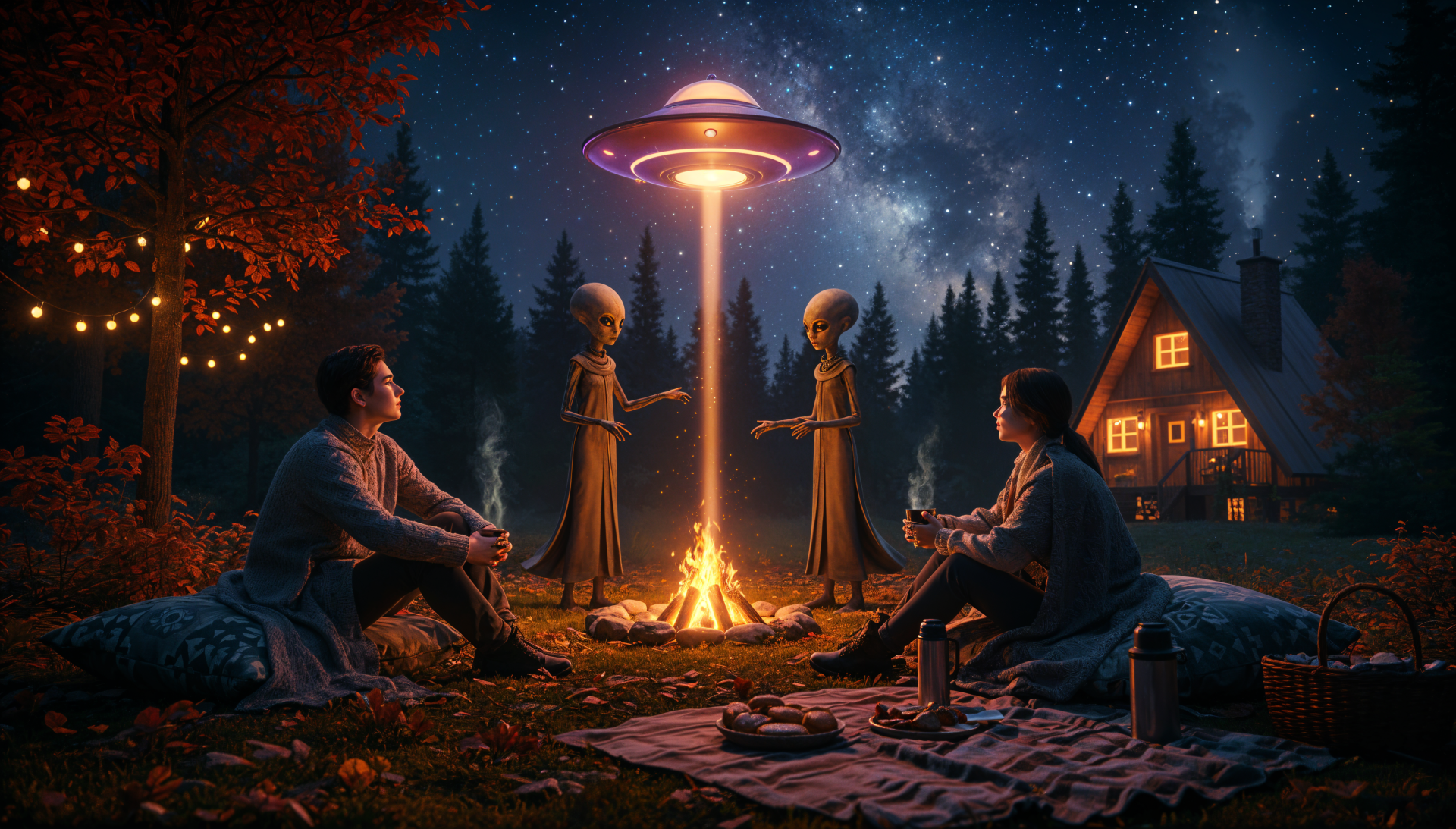 4K Ultra HD PC desktop wallpaper: nighttime alien encounter — two people at a campfire meet three slender aliens under a hovering saucer in a starry forest beside a lit cabin.