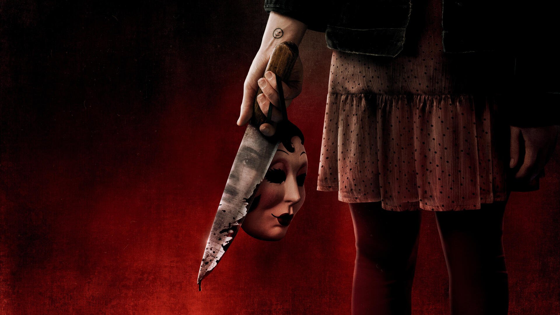 Hand grips a blood-smeared knife holding a pale mask beside a figure's skirt against a dark red backdrop — The Strangers: Prey at Night 5K Ultra HD PC desktop wallpaper and background.