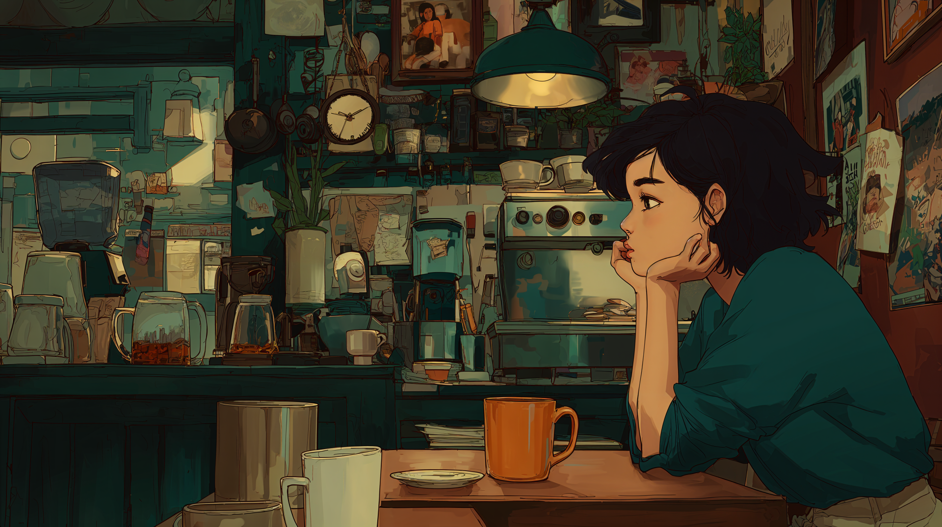 Lofi coffeehouse scene: animated woman daydreaming at a cozy counter amid warm lamps, mugs, books and vintage decor — 4K Ultra HD PC desktop wallpaper/background.