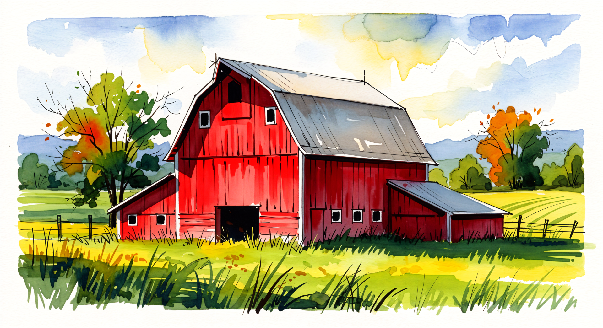 4K Ultra HD PC desktop wallpaper: watercolor red barn in a sunlit green field with trees and a blue sky.