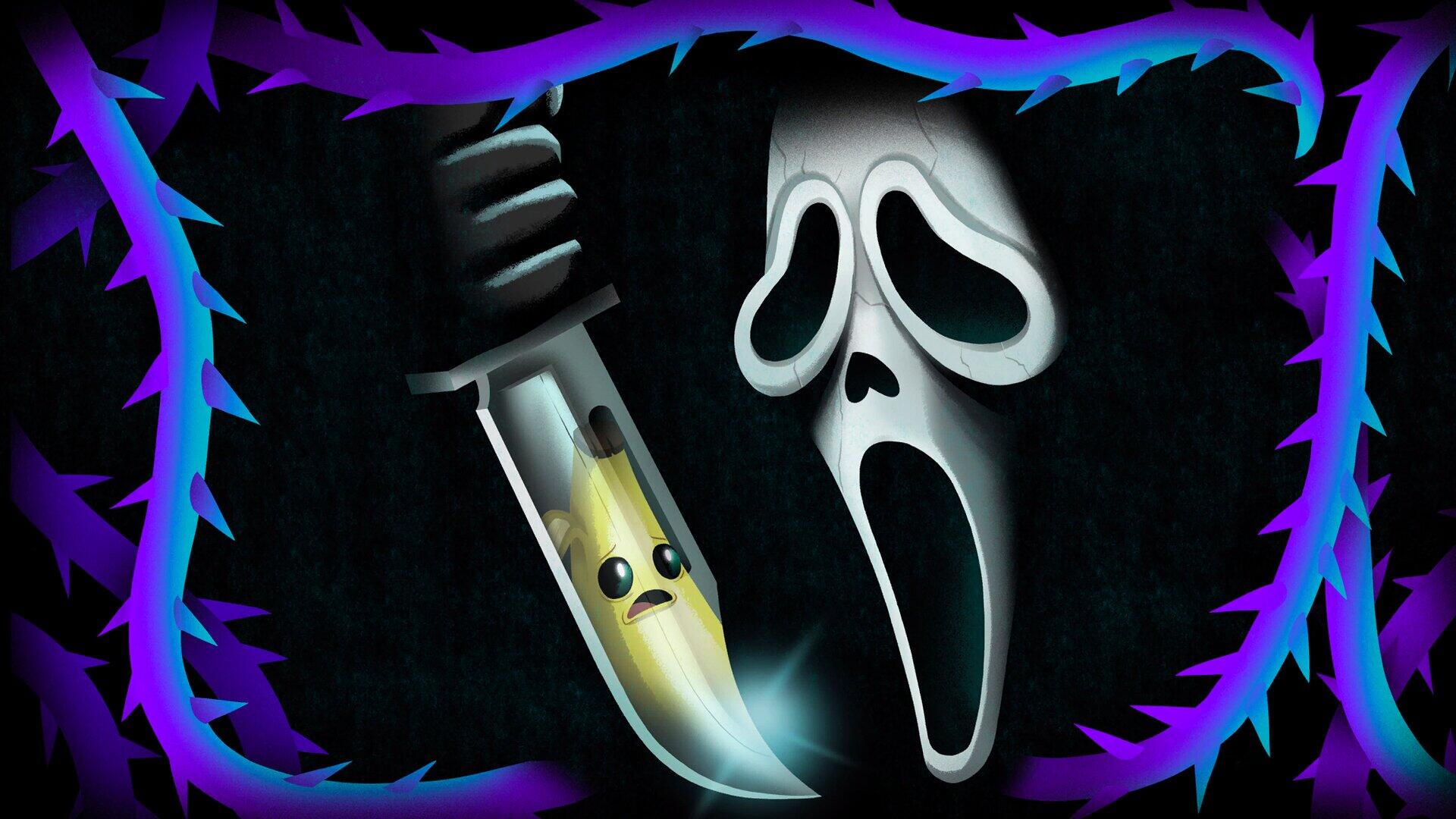 HD PC desktop wallpaper: video game Fortnite Ghostface (Scream) mask screaming beside a smiling, blood-stained knife on a black background framed by jagged purple-blue thorns.